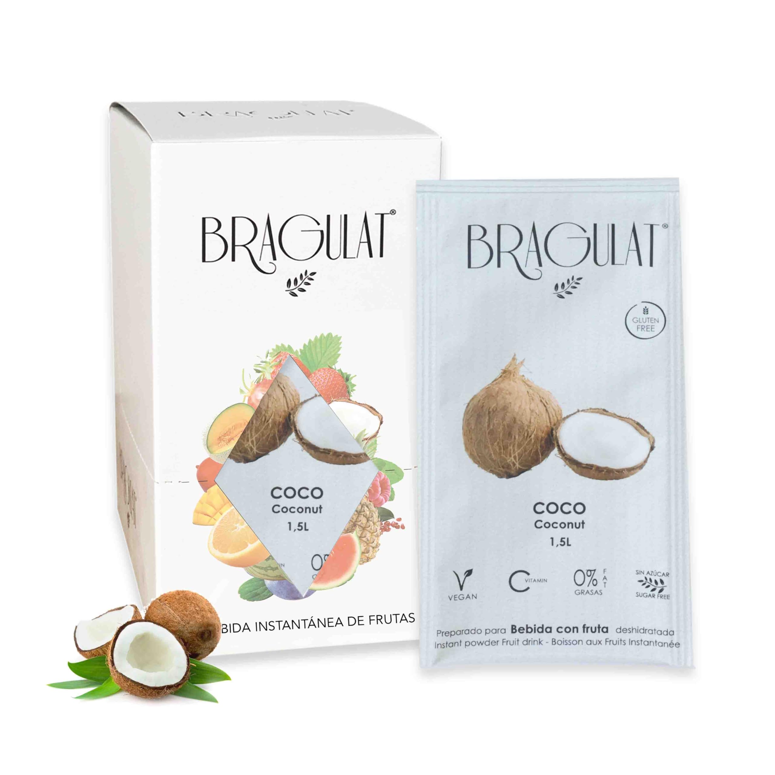 BRAGULAT | Zumo Concentrado de Frutas Sabor a COCO | Bebidas y Refrescos Instantáneas en Polvo | Sin Azúcar con fruta y Vitamina C | Agua con Sabor a Coco | 15 Sobres