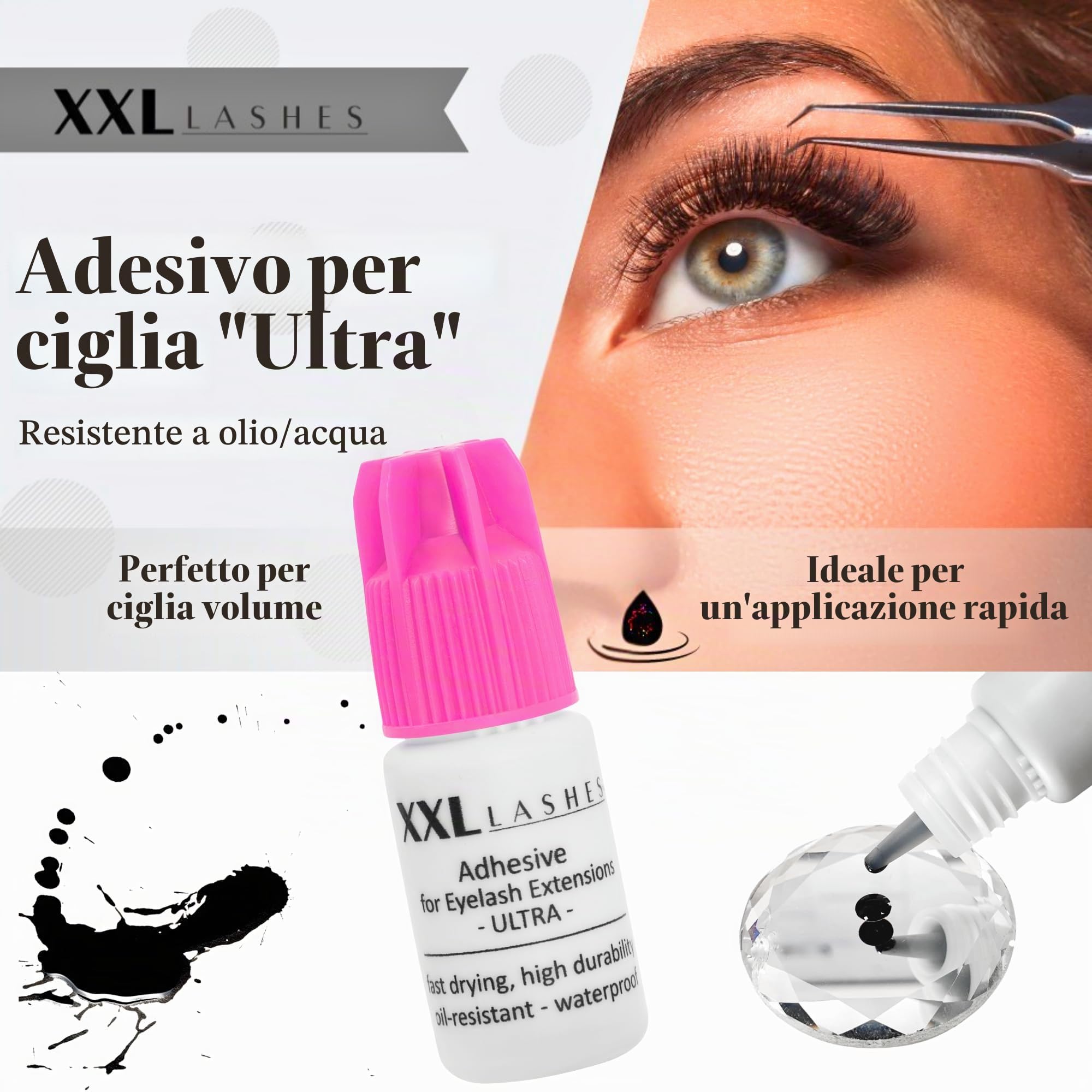 Adesivo per allungamento delle ciglia XXL Lashes "Ultra", Colla per per extensione delle ciglia, resistente all'olio, alta durata, asciugatura rapida, impermeabile, 5 ml
