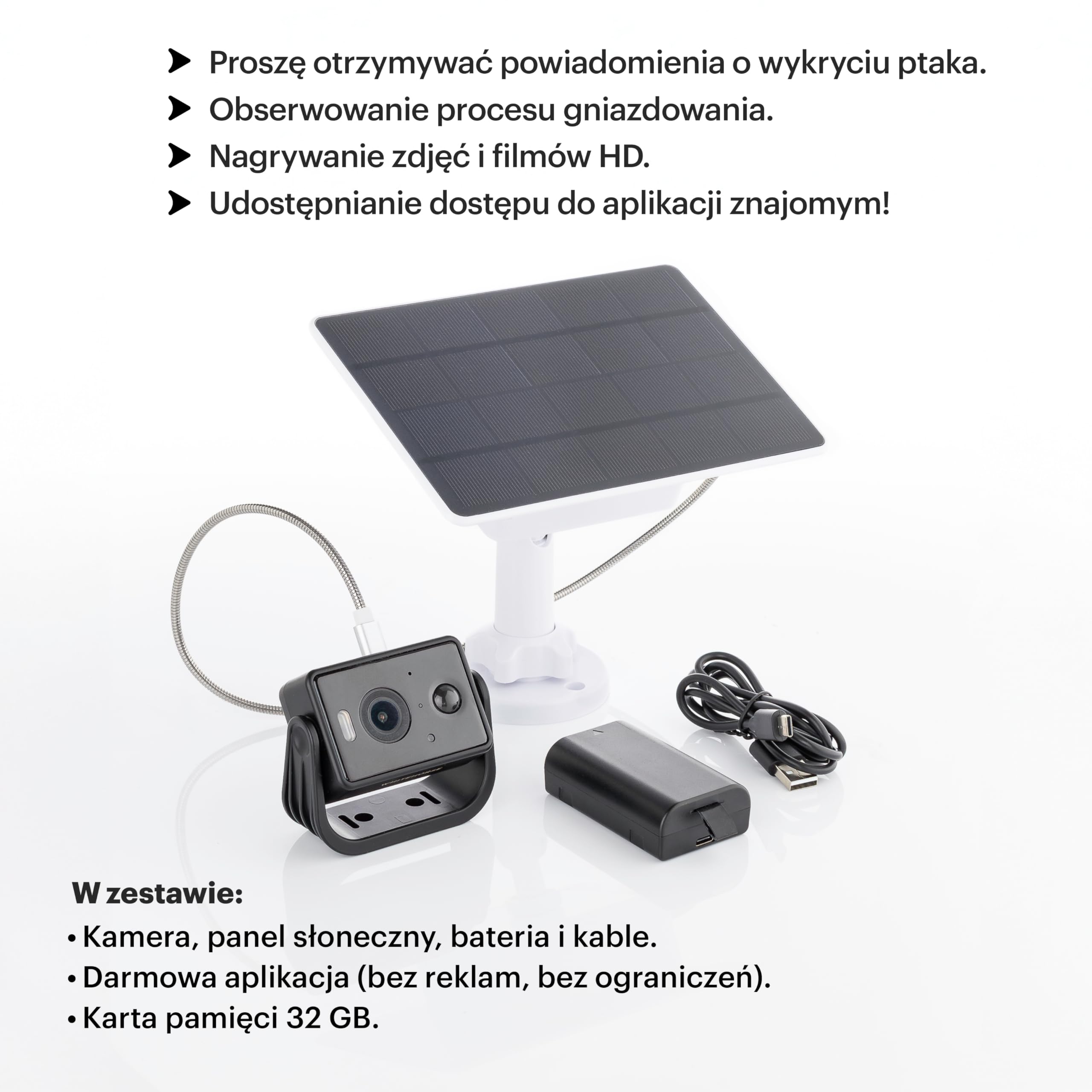 WHITEHORSE Kamera do budek dla ptaków - bezprzewodowa i zasilana energią słoneczną - robienie zdjęć i nagrywanie filmów z telefonu (bezpłatna aplikacja) - otrzymywanie powiadomień o wykryciu ptaka