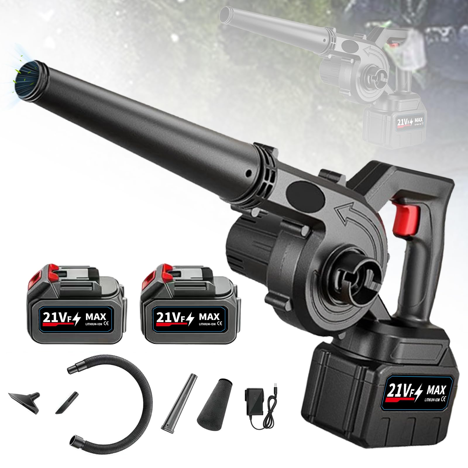 JIMACRO 21V Soplador de Hojas Bateria, Soplador de Aire Potente con Cargador y 2 Baterías, Soplador de Hojas Inalámbrico para Jardinería, Cuidado del Césped y Remoción de Nieve