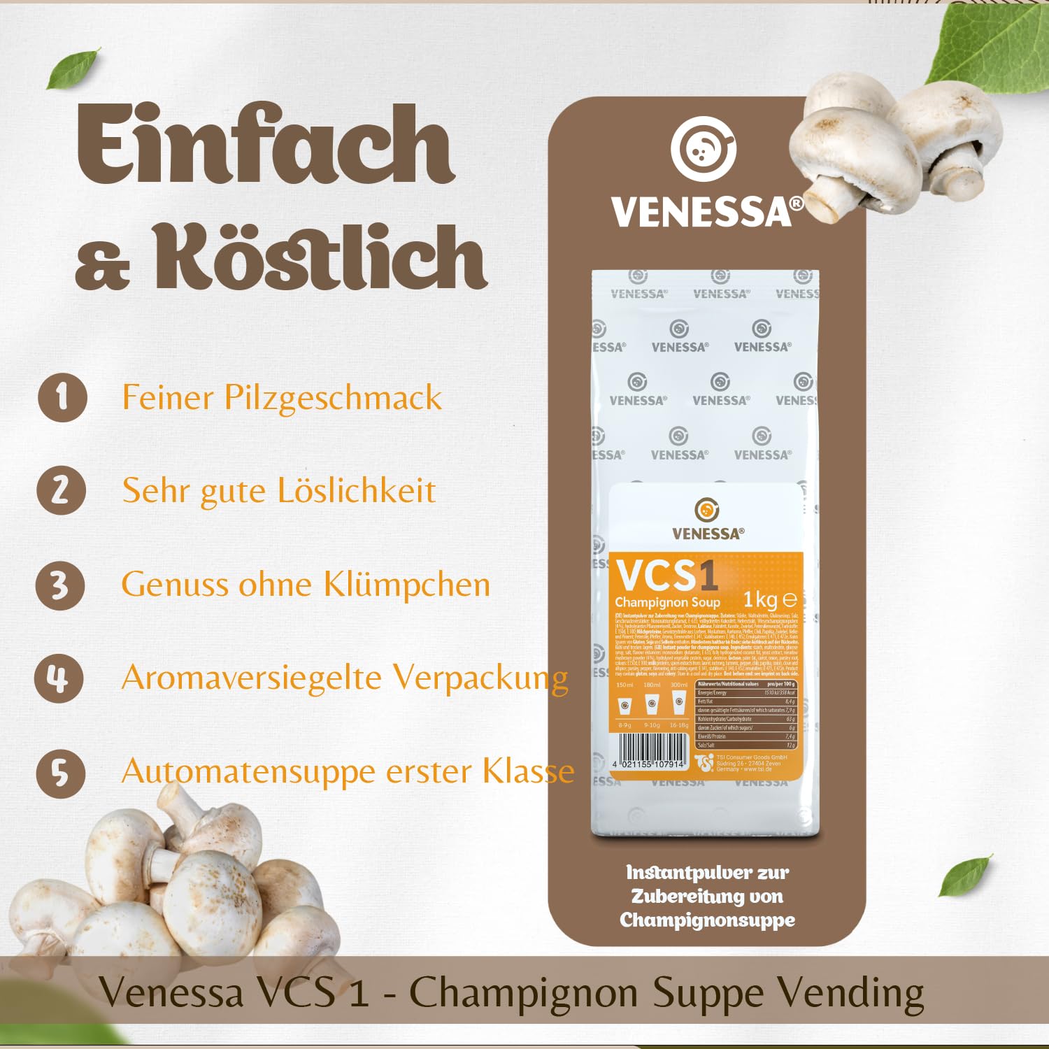 VENESSA VCS 1 zupa pieczarkowa 20 x 1 kg – korzystne opakowanie – kremowa zupa grzybowa wyrafinowana, zaokrąglona z przyprawami do automatów – zupa automatowa – do gastronomii