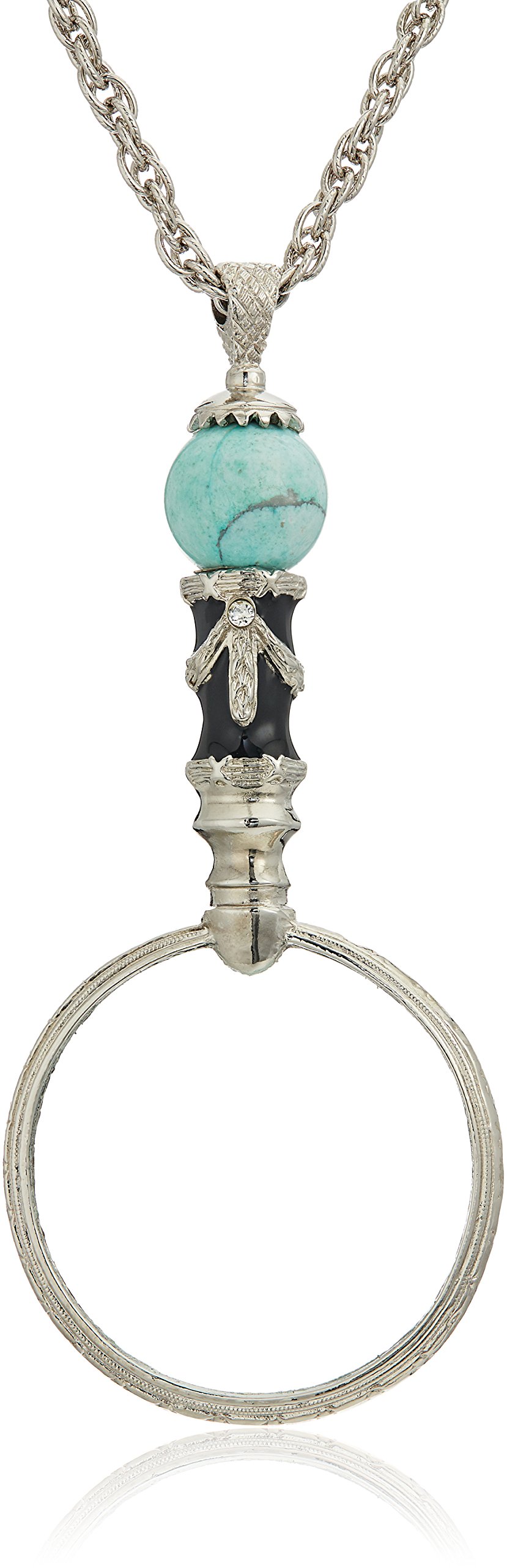 1928 Jewelry Deco Magnifying Glass Turquoise Gemstone Black Enamel Pendant Necklace For Women 30" - Magnification Power: 2X