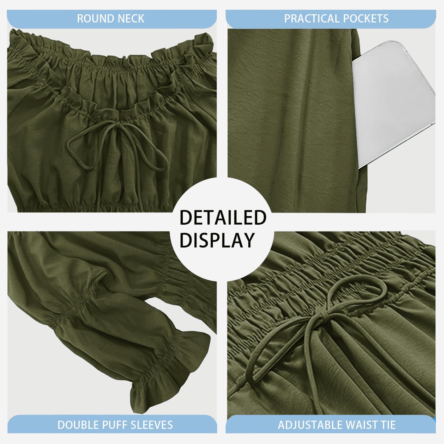 Women's Summer Puff Sleeve Maxi Dress Scoop Neck Smocked Tie Ruffle A Line Long Flowy Beach Dresses Pockets - Image 6