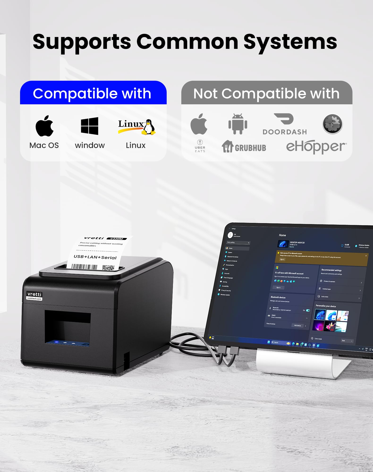 Vretti Impresora térmica de recibos, impresora térmica directa de 3'1/8 de 80 mm con puerto LAN serie USB - Impresora POS de cocina ESC/POS Command Support Cajón de efectivo