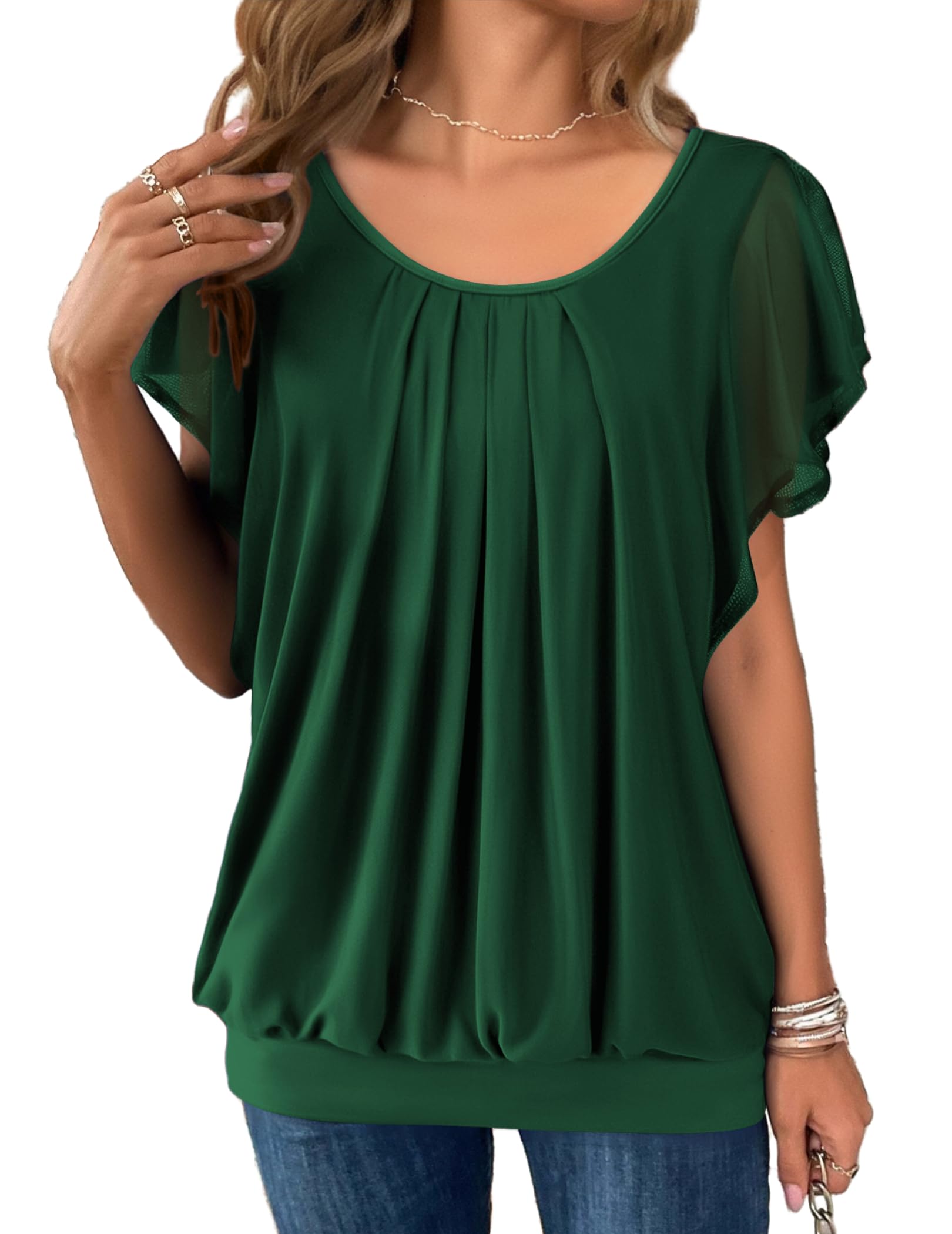 Hotouch Blusen Damen Kurzarm Doppellagig Mesh Rundhals Oberteile Loose Flowy Flügelärmel Tunika Sommer elegant Top