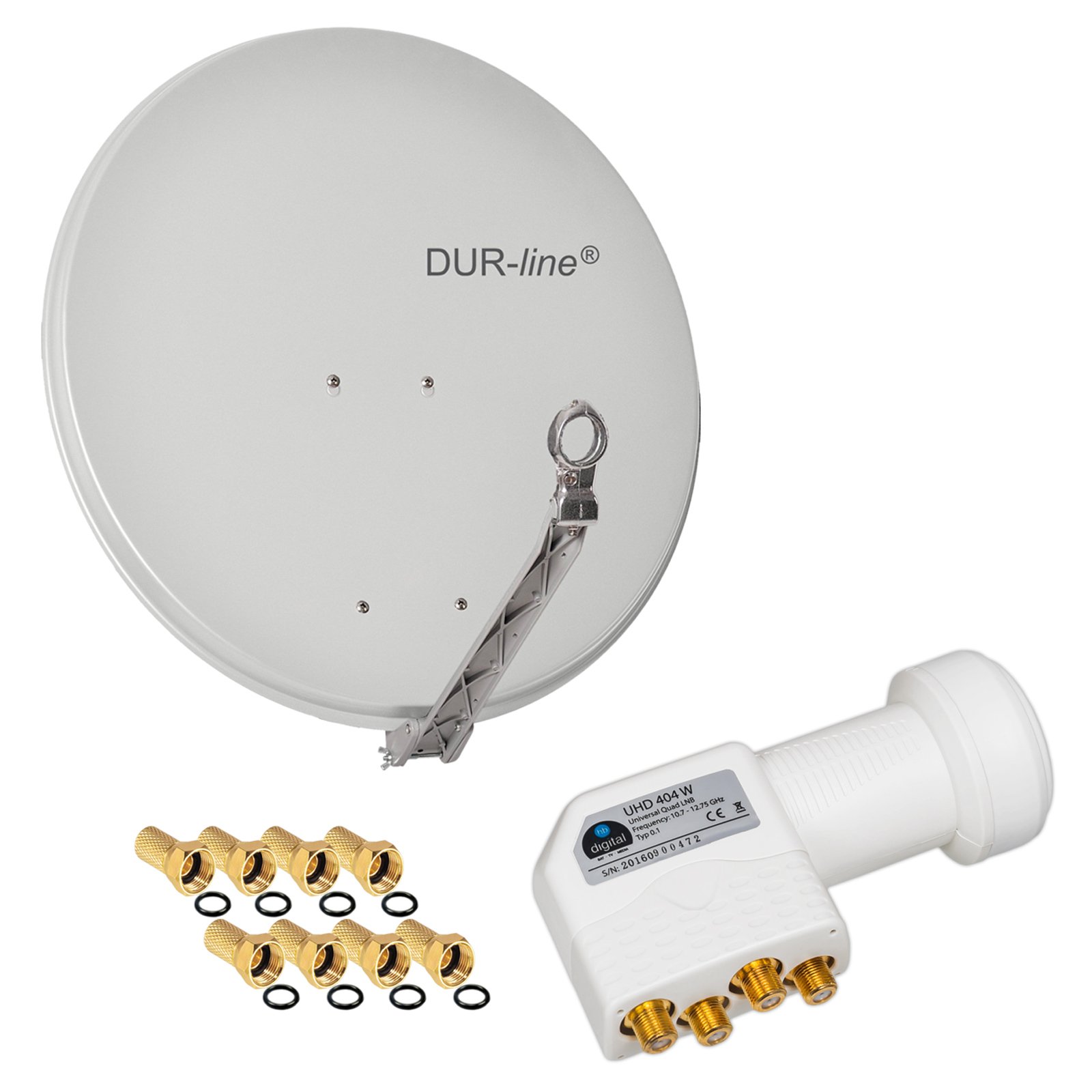HB Digital 4 Teilnehmer Set - Dur-Line Select ALU SAT Anlage 75/80cm Spiegel Schüssel Hellgrau + Quad LNB Weiß Full HD 3D Ultra HD (UHD) Signale auf bis zu 4 Receiver + 8 Stecker Gratis dazu im Set