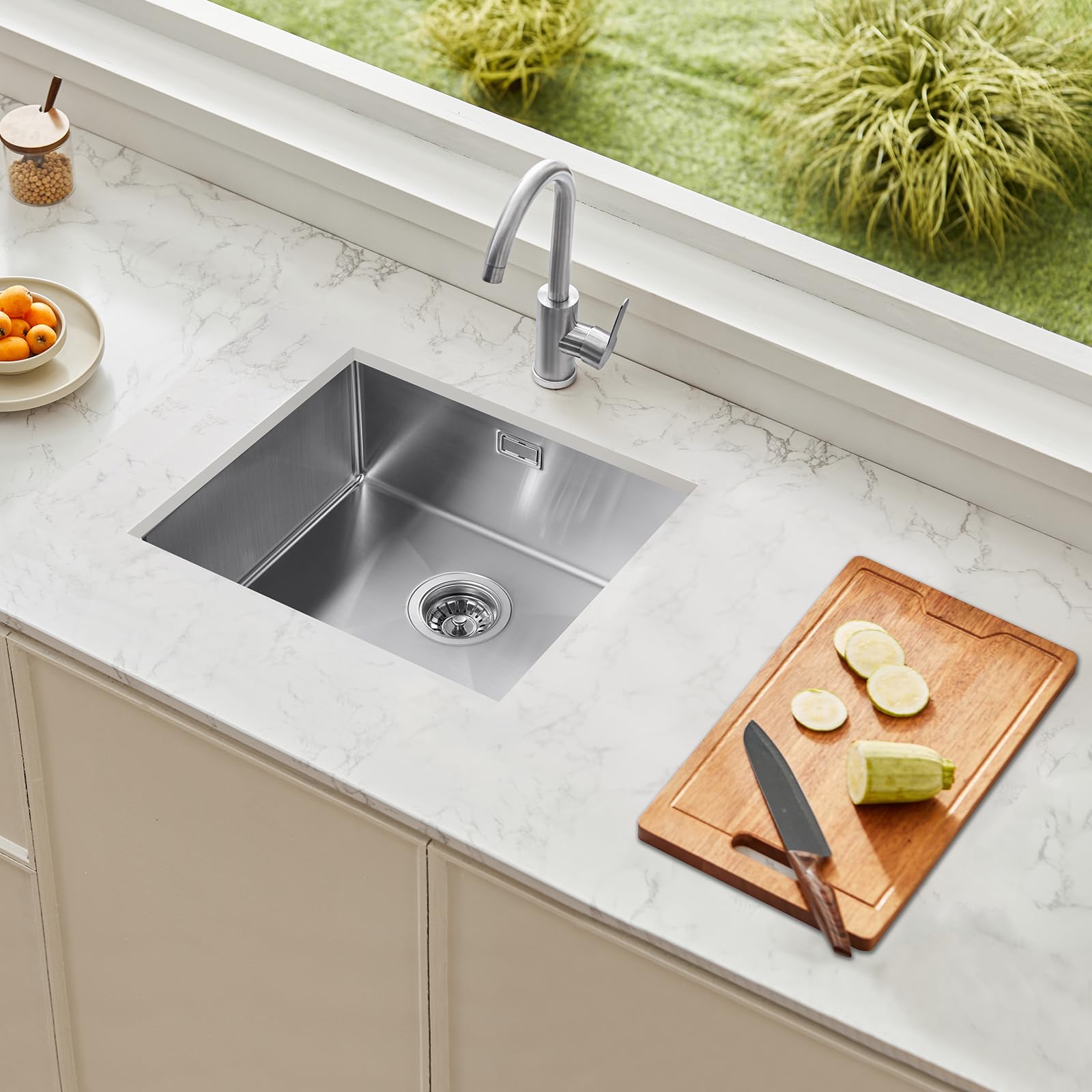 VEVOR Lavello da Cucina da 50 cm Lavello Sottopiano in Acciaio Inossidabile 304, Vasca Singola da Incasso Stile Rustico con Accessori, Lavello per Uso Domestico per Camper, Cucina di Preparazione, Bar