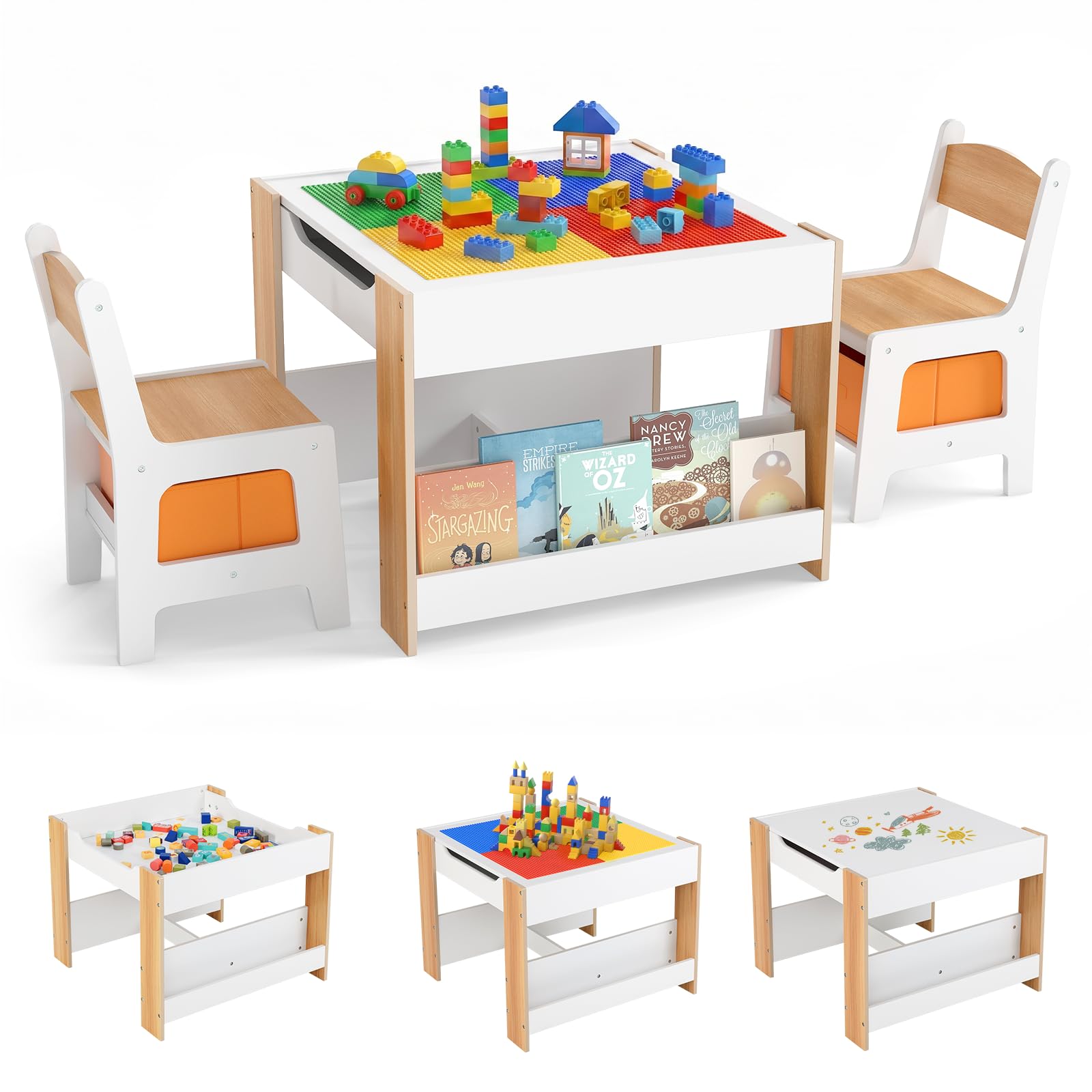 INFANS Kids Table and Chair Set, 4 in 1 Wooden Building Blocks Activity Desk with Reversible Tabletop Storage Drawers, Toddler Furniture for Dining Drawing Writing (Wood)