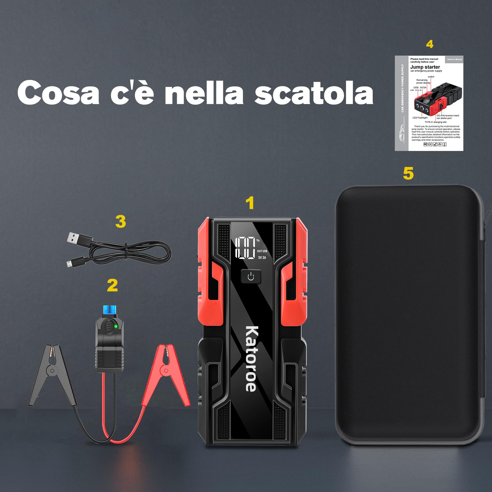 Avviatore Batteria Auto, 6000A Avviatore Emergenza per Auto/Moto per (10L Gas 8L Diesel), 12V Jump Starter Booster Avviamento Auto 400 Lumen LED/Ricarica USB-C, Display LED