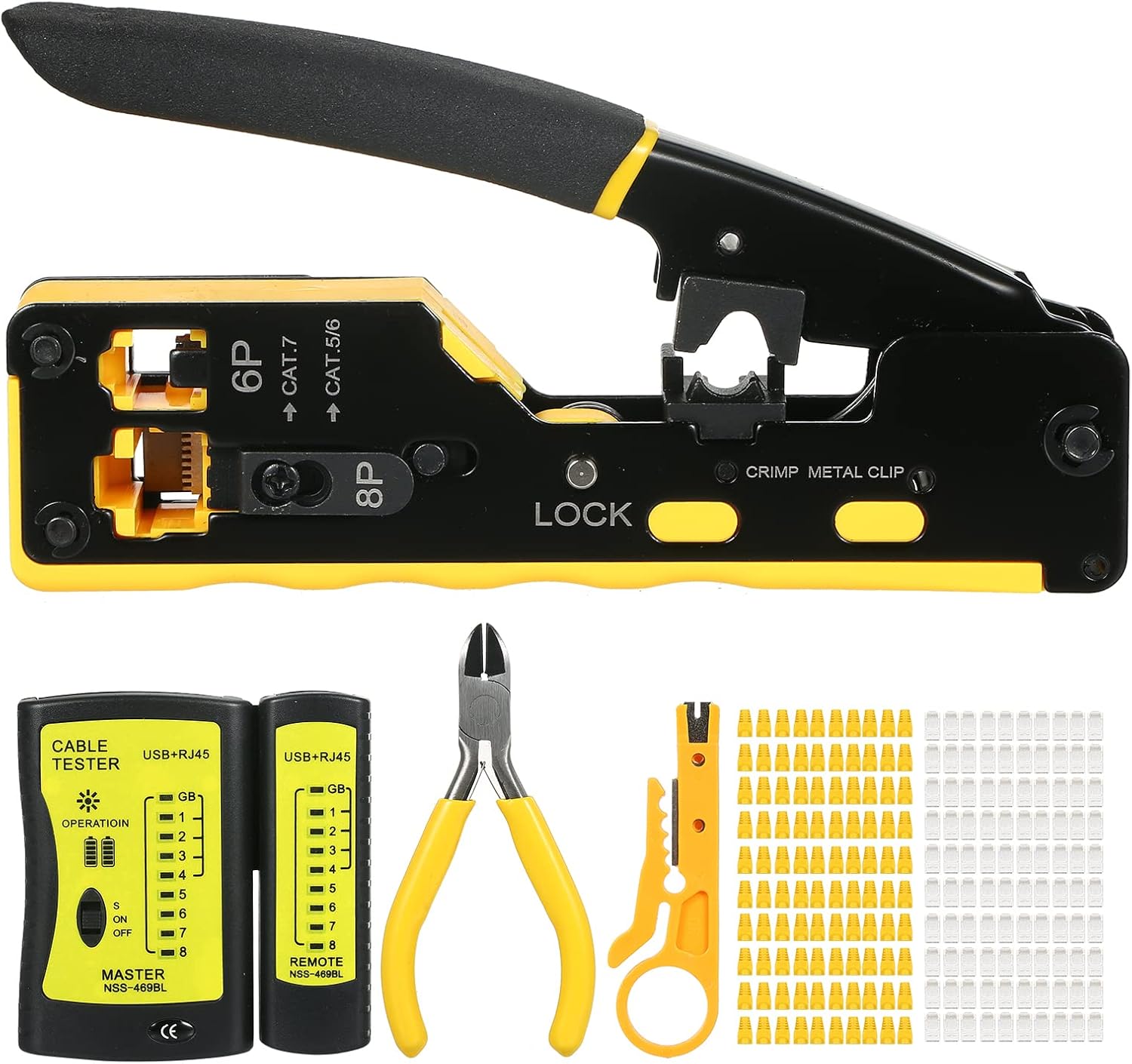 Kongque RJ45 Crimp Tool Kit All in One Pass Through Crimping Tool for Cat5e Cat6 Cat6a Pass