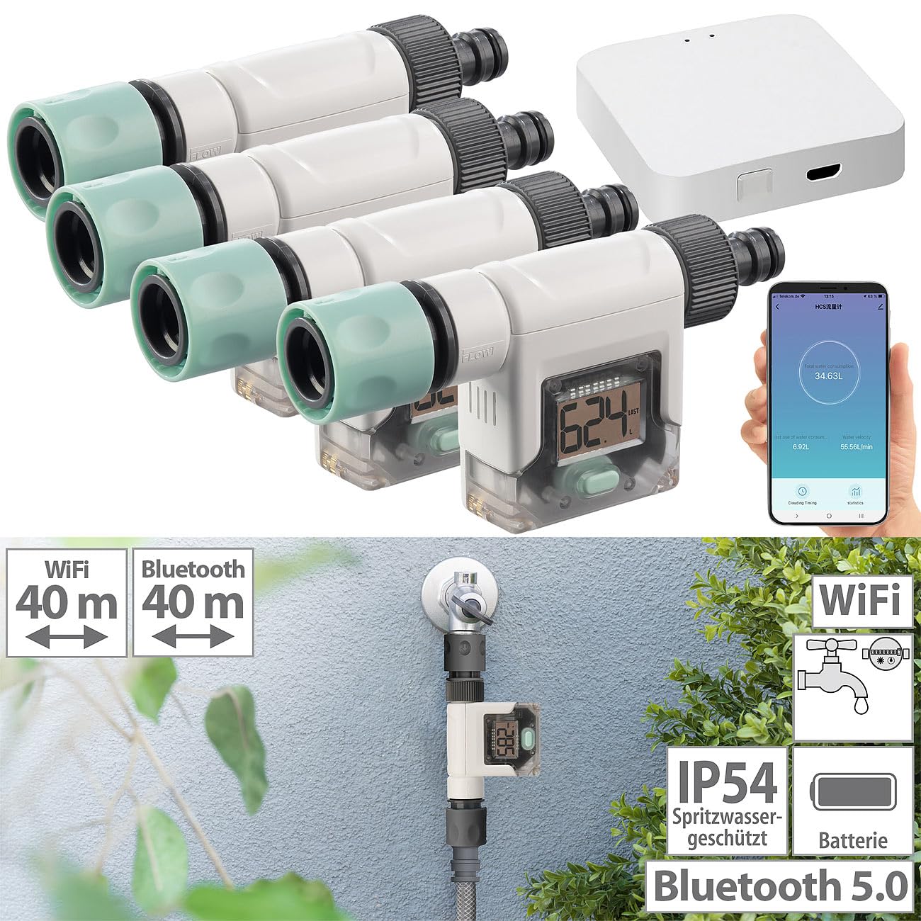 Royal Gardineer Wassermenge-Zähler: 4er-Set smarte Wasserzähler für Gartenschlauch, mit WLAN-Gateway & App (WLAN Gateway, Bluetooth, App, Uhren)