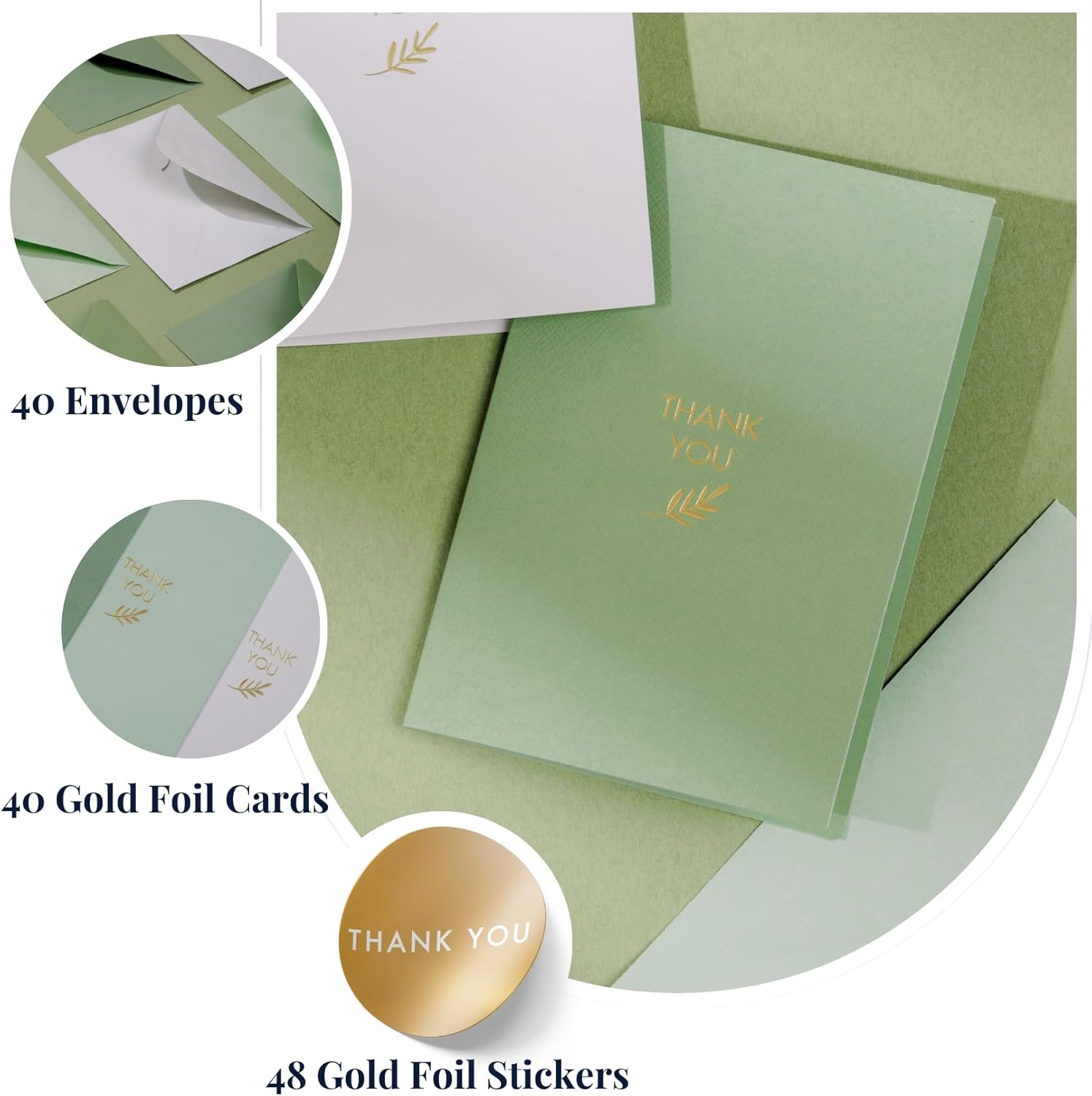 Gold Foil Thank You Cards - Bulk Pack of 40, 5x3.5 Inch with Matching Stickers & Envelopes (Green) Textured Surface for a Unique Feel - Suitable for Baby Shower, Wedding, Small Business, Graduation - Image 3