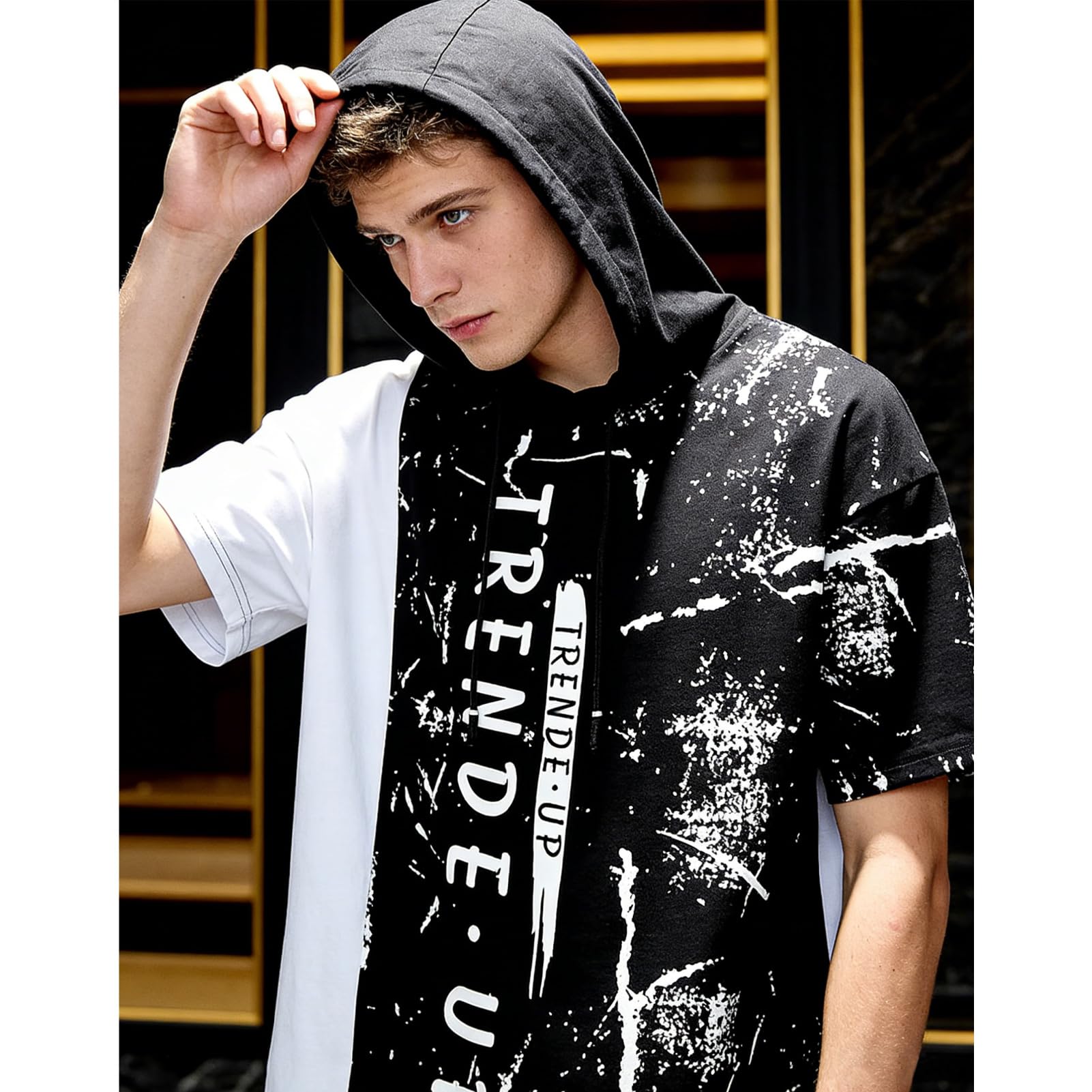 Kurzarm Hoodie Herren Baumwolle Tshirt mit Kapuze Kapuzenshirt Kapuzenpulli Sommer Pullover