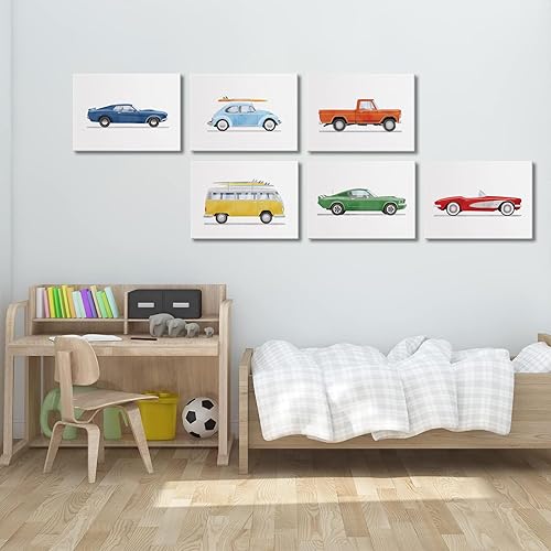 Miniatura 5 de BBQCBA 6 piezas de lienzo para cuarto de bebé, arte de pared retro de transporte en acuarela, imágenes para niños, vehículos, carteles impresos para