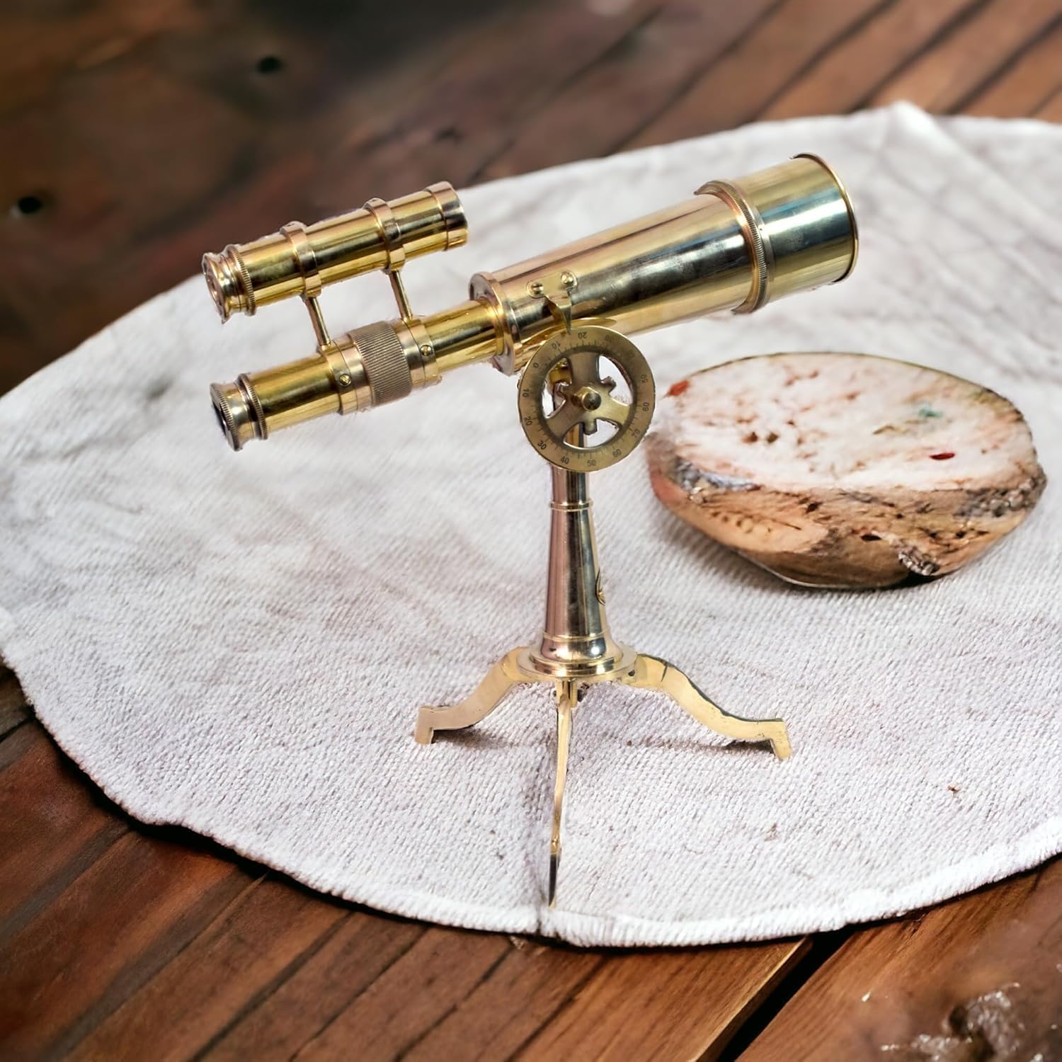 The Vintage Venue Vintage Brass Telescope on Tripod Stand – 12" D x 7" W x 10" H – Polished Brass Spyglass with DF Lens – Antique Nautical Desktop Decor – Harbor Master Style