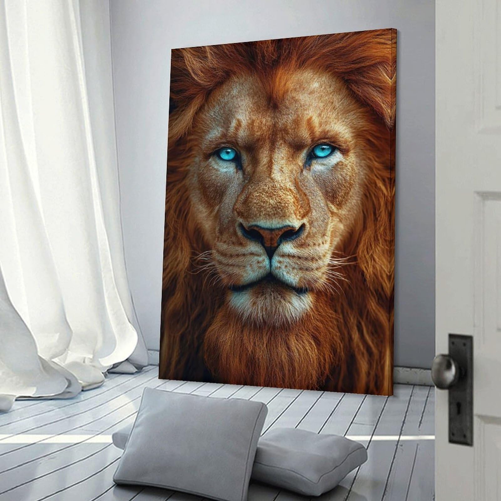 Junmoney Wall Picture Print Lion Portrait with Blue Eyes, 20x30inch(50x75cm), for Living Room, Lounge Or Sitting Room, Modern Wall Decor for Cosy Interiors