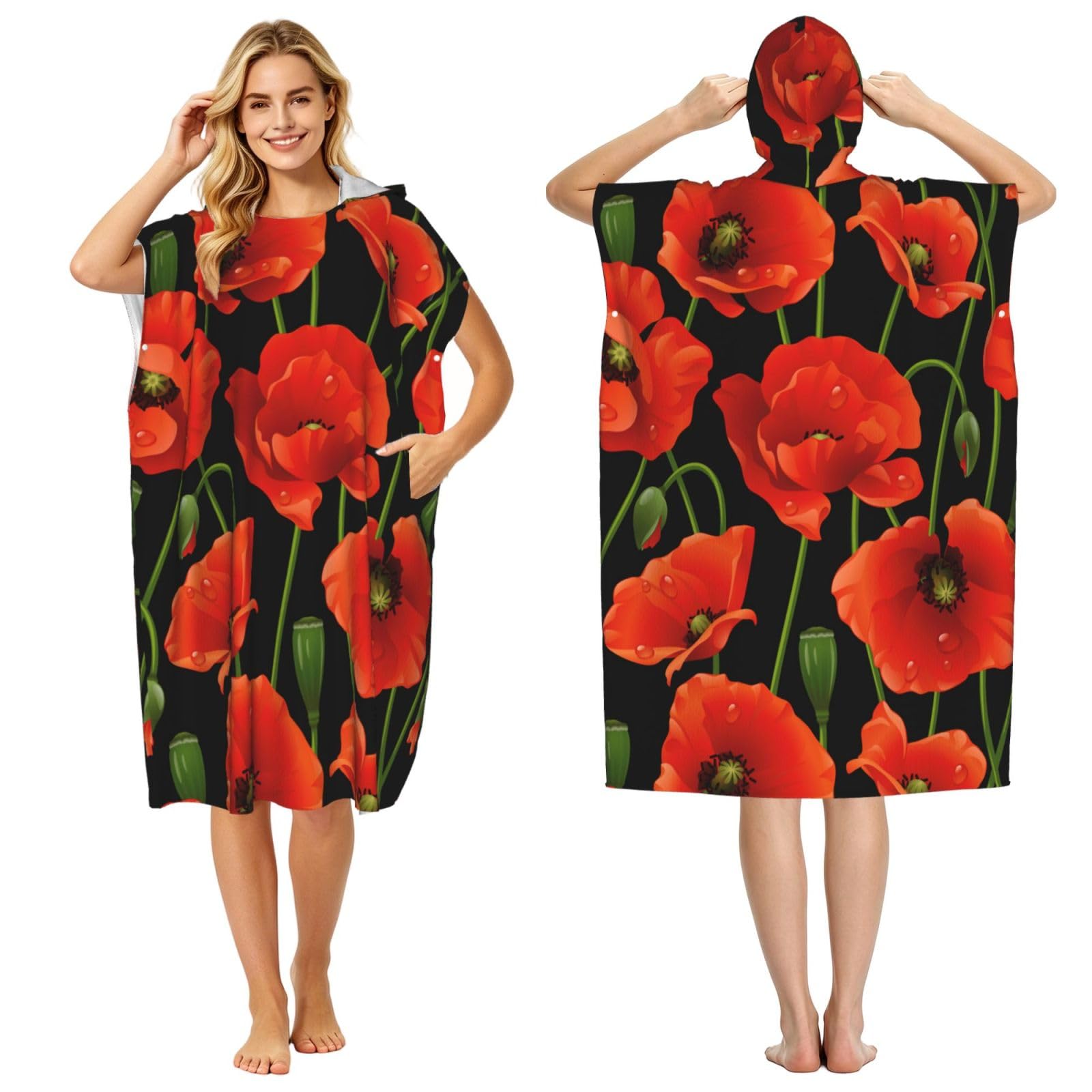 Poadnly Poppy Flower, Adult Hooded Beach Towel 90 x 110 cm,Changing Bath Robe, Surf Poncho Towel For Women Men