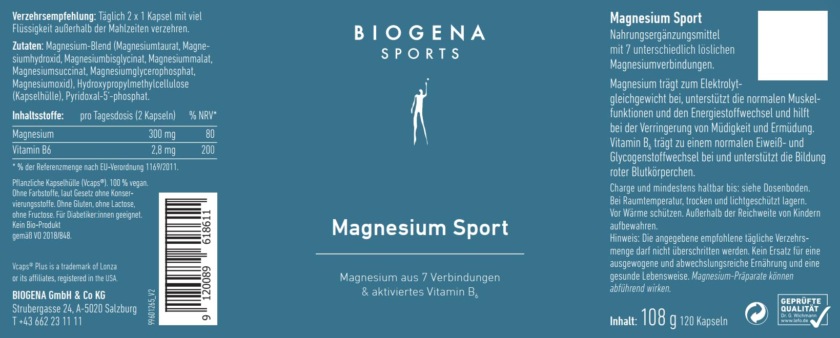 BIOGENA SPORTS Magnesium Sport - Magnesium Komplex mit Vitamin B6-7 Magnesiumverbindungen - Hohe Bioverfügbarkeit - Hochdosiert, Laborgeprüft & vegan - 120 Kapseln