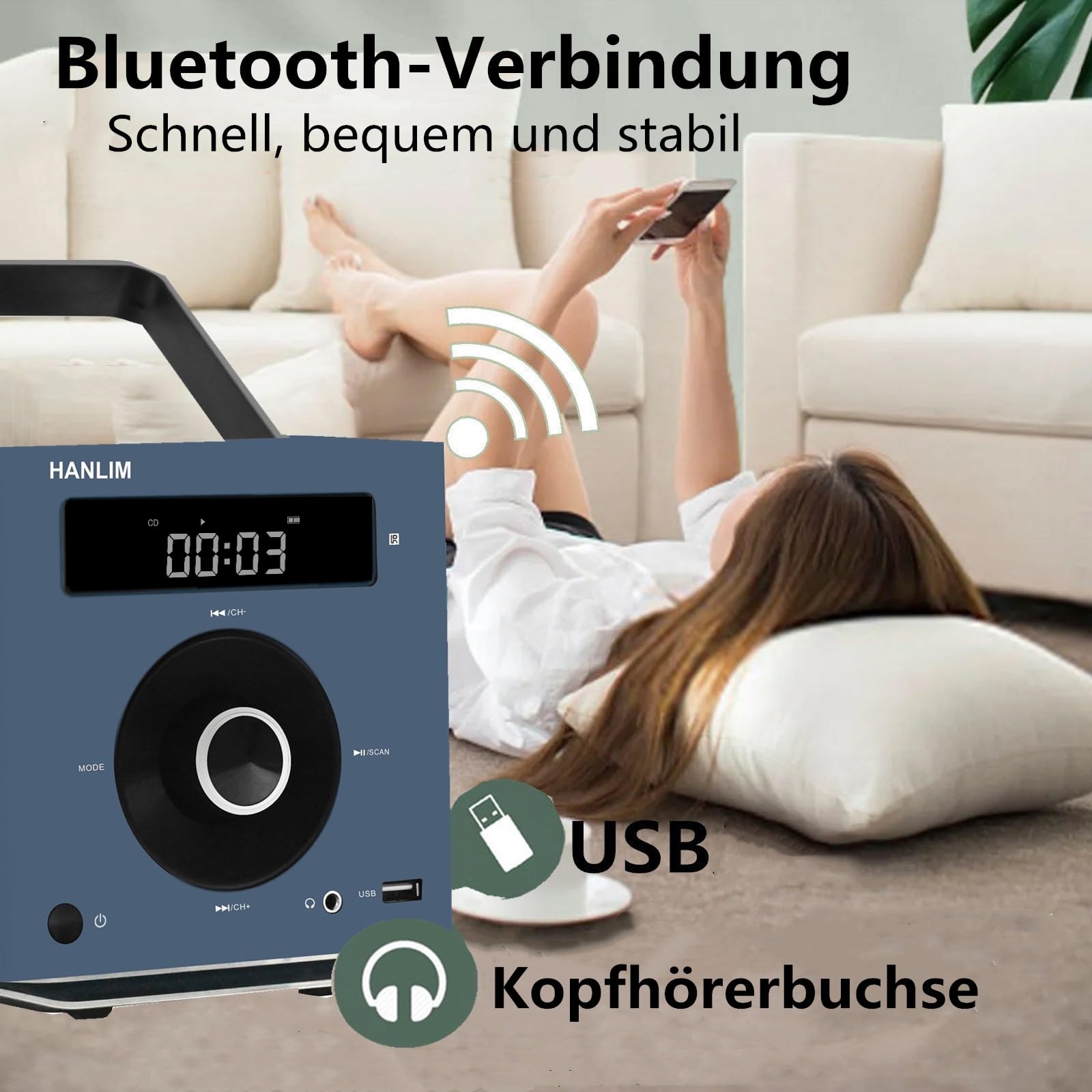 Reproductor de CD portátil 10W compatible con Bluetooth/Radio FM/Reproducción de MP3/Entrada USB/AUX/Jack para auriculares/Mando a distancia, batería integrada de 2000 mAh, Reproductor de CD estéreo