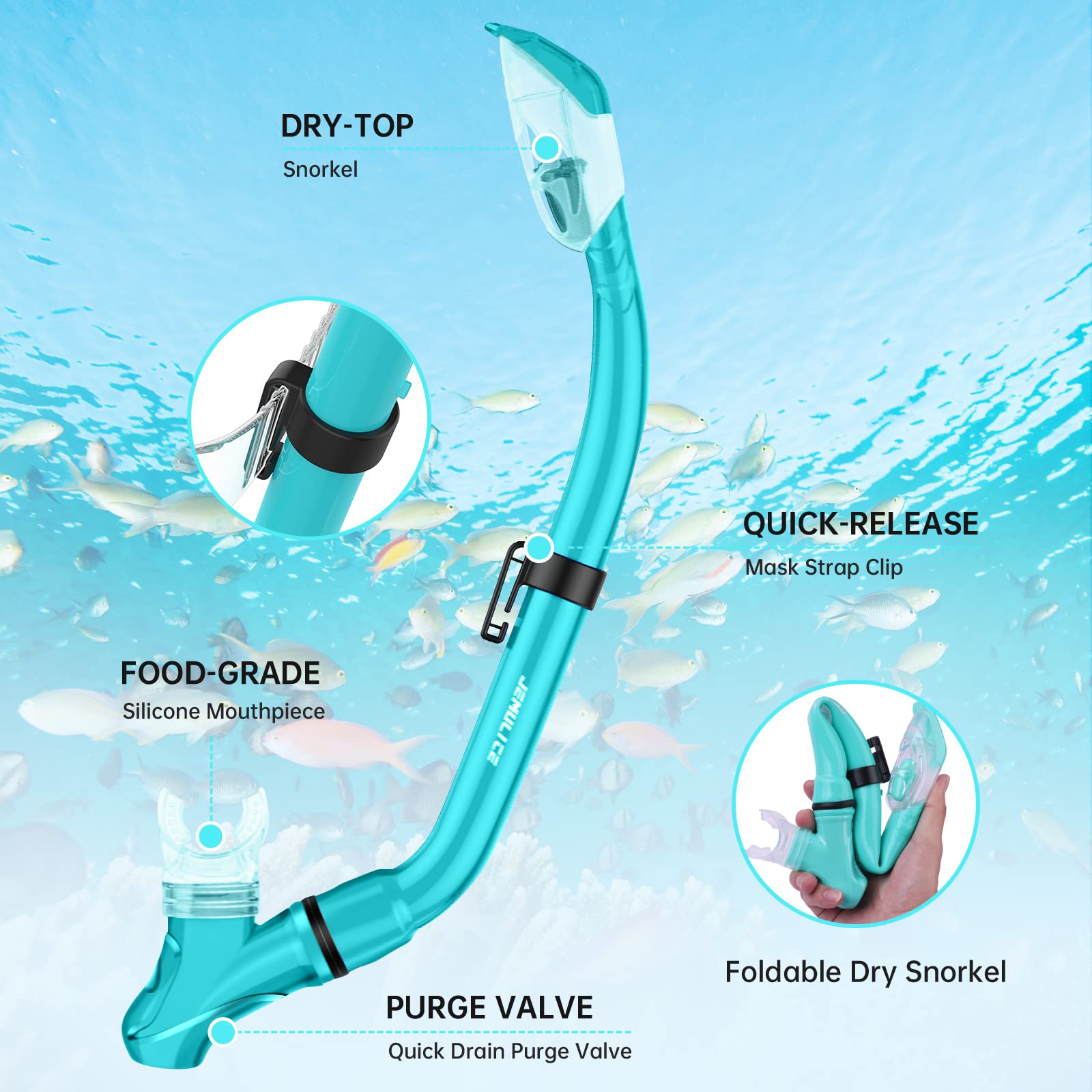 JEMULICE Maschera Subacquea Bambini, Set da Snorkeling per Bambini con Tubi a Secco e Occhiali da Snorkeling Anti-Fog Panoramica a 180 Gradi, Snorkel Set, Maschera Snorkeling per Bambino e Adolescenti