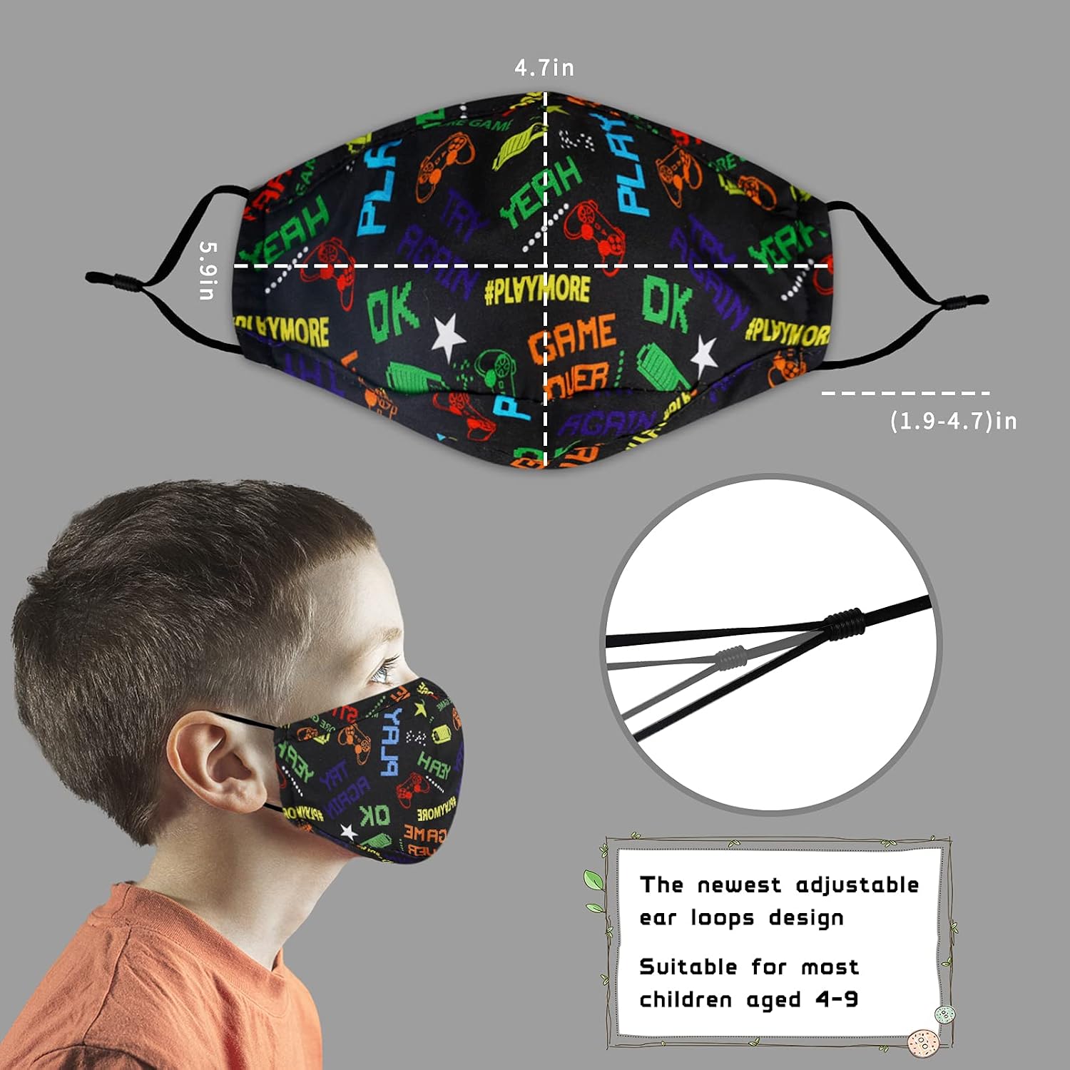 Washable Reusable Kids Face Mask with Adjustable Ear Loops for Girl Boy Gift