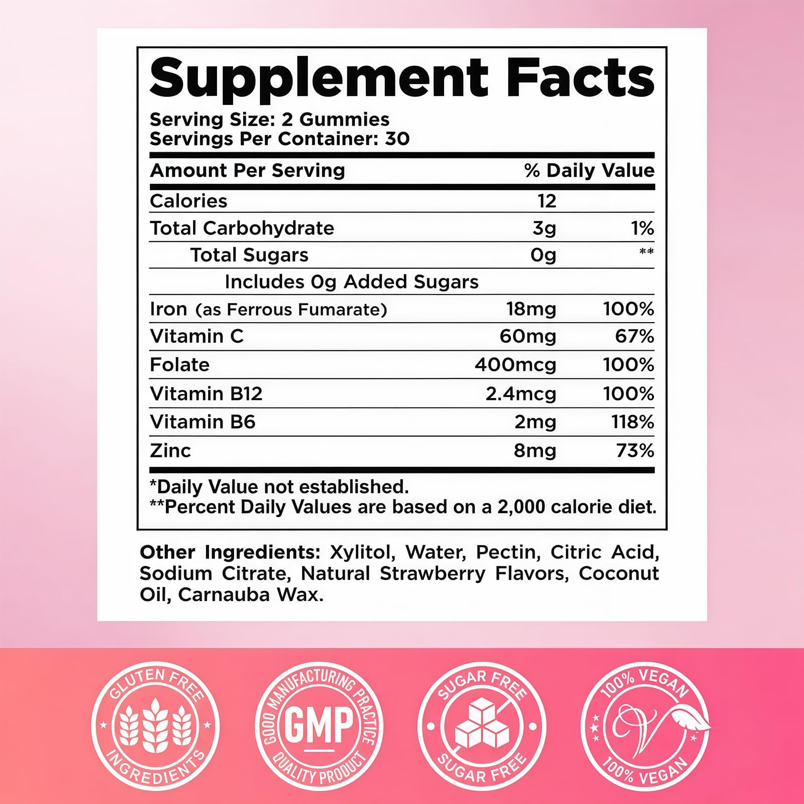 Iron Gummies for Women & Men - Iron Supplement with Vitamin B6, B12, C, Zinc, Folate for Adults & Kids - Support Iron Deficiency, Anemia, Energy Boost, Blood Builder - Sugar Free Vegan 60ct Strawberry — Amazon image 3