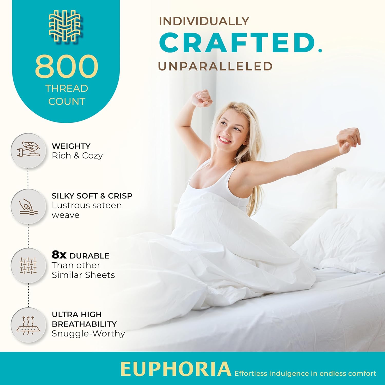 THREAD SPREAD 100% Pure Egyptian Cotton California King Size - 800 Thread Count 4 PC Luxury White Cal King Sheets, 16" Deep Pocket Hotel Sheets, Sateen Weave, Extra Soft Cooling - Image 2