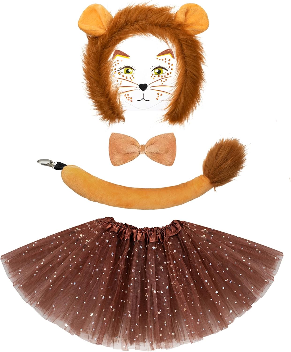 5 Pcs Halloween Animal Lion Costume Set, Ears Headband Tail Bow Tie Tutu and Animal Face Sticker for Women Girls Cosplay - Image 7