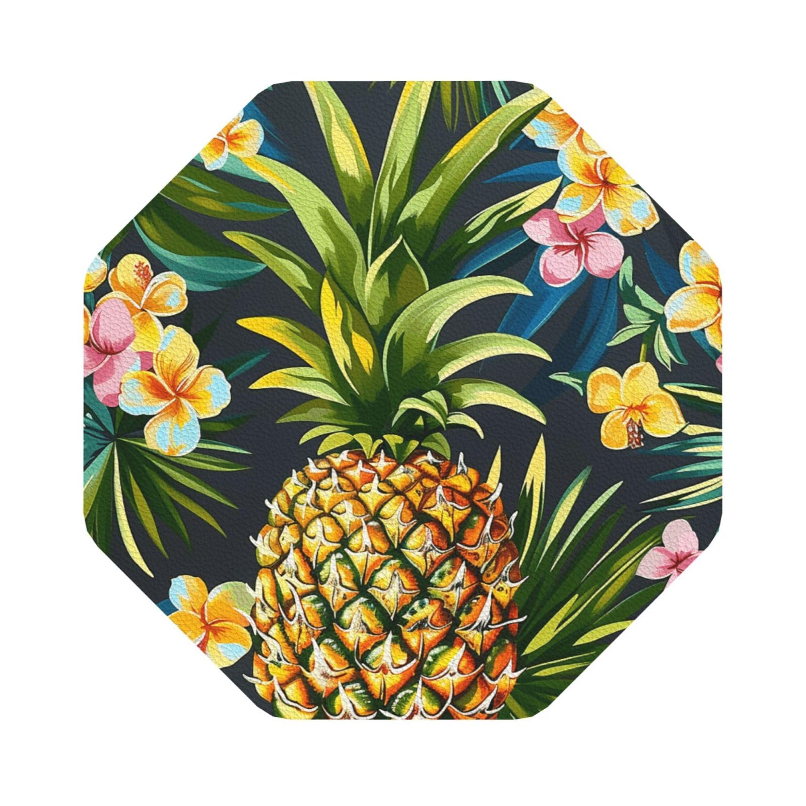 Tropical Pineapple Hawaiian Print Leather Coaster Set of 6, Octagon Coasters Table Decorative Coffee Cup Beverage Coasters Wine Beer Bar Coasters for Hot Drinks Table Protection