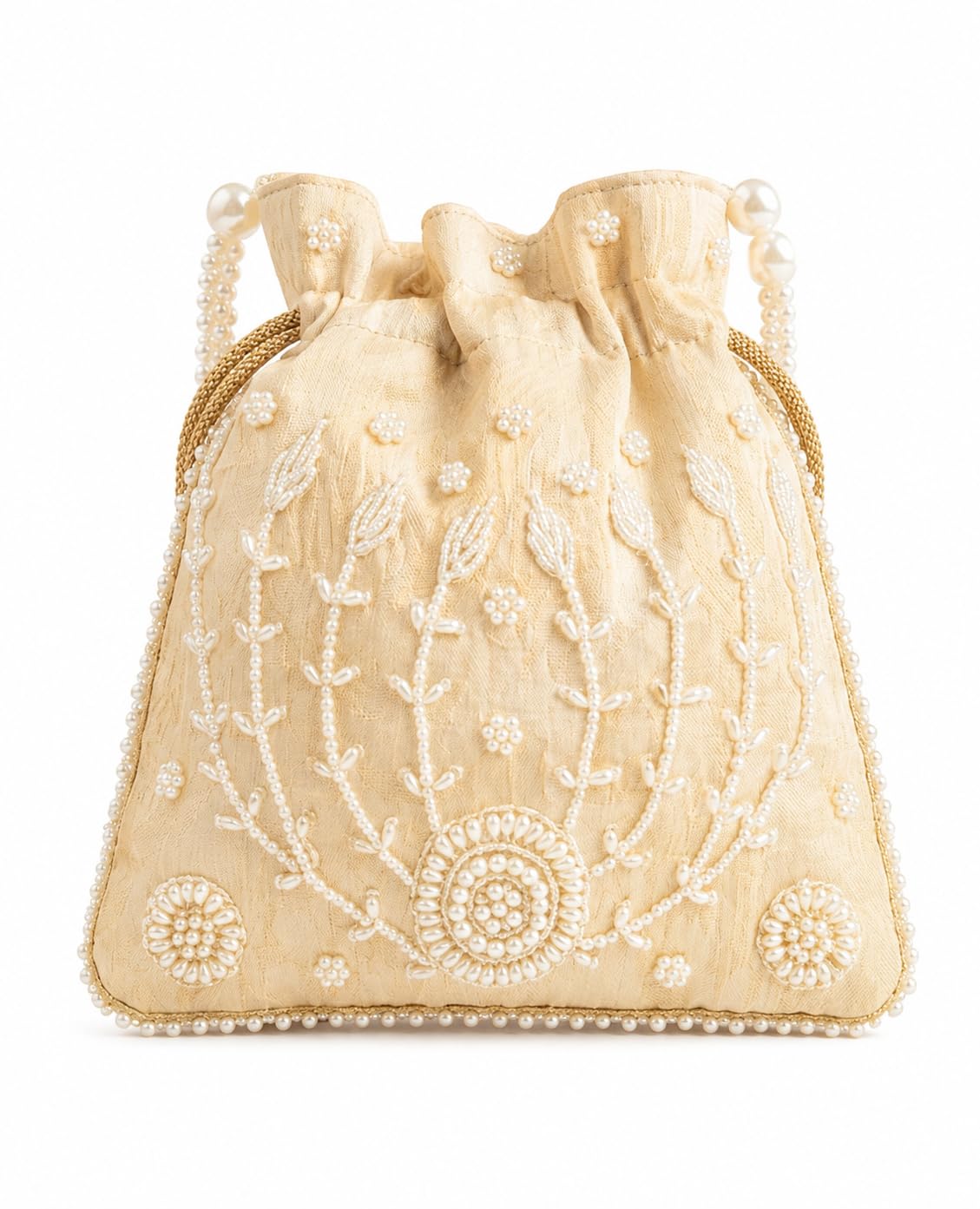 Ivory Potli Bag with Pearl, Floral Beadwork, Drawstring Closure, Ethnic Bridal Potli-image-6