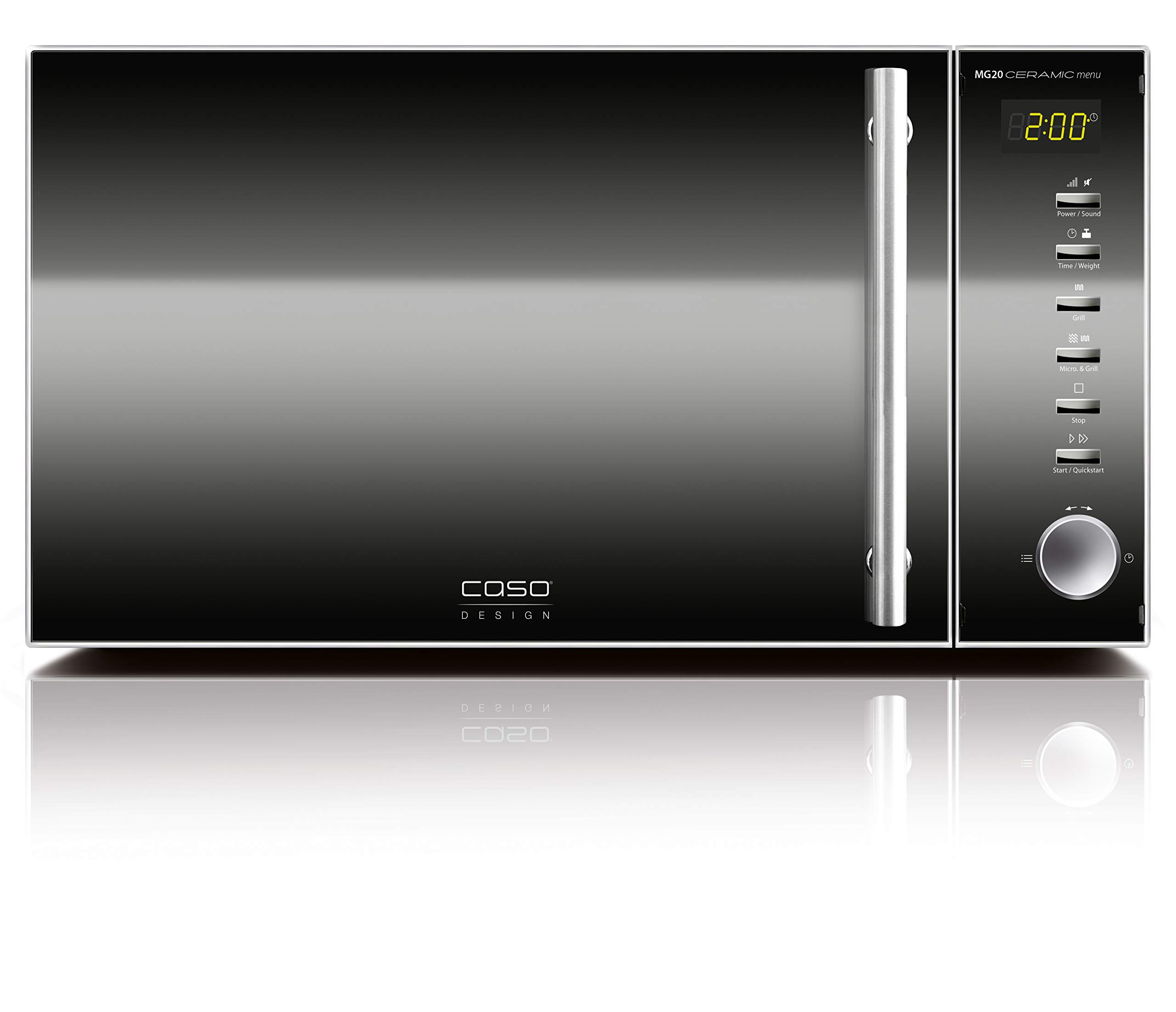 CASO MG 20 Ceramic Menu - Microondas 2 en 1 con grill | sin plato giratorio y rejilla para 2 niveles, 800 W, grill de 1000 W, 20 l, acero inoxidable, acabado espejo