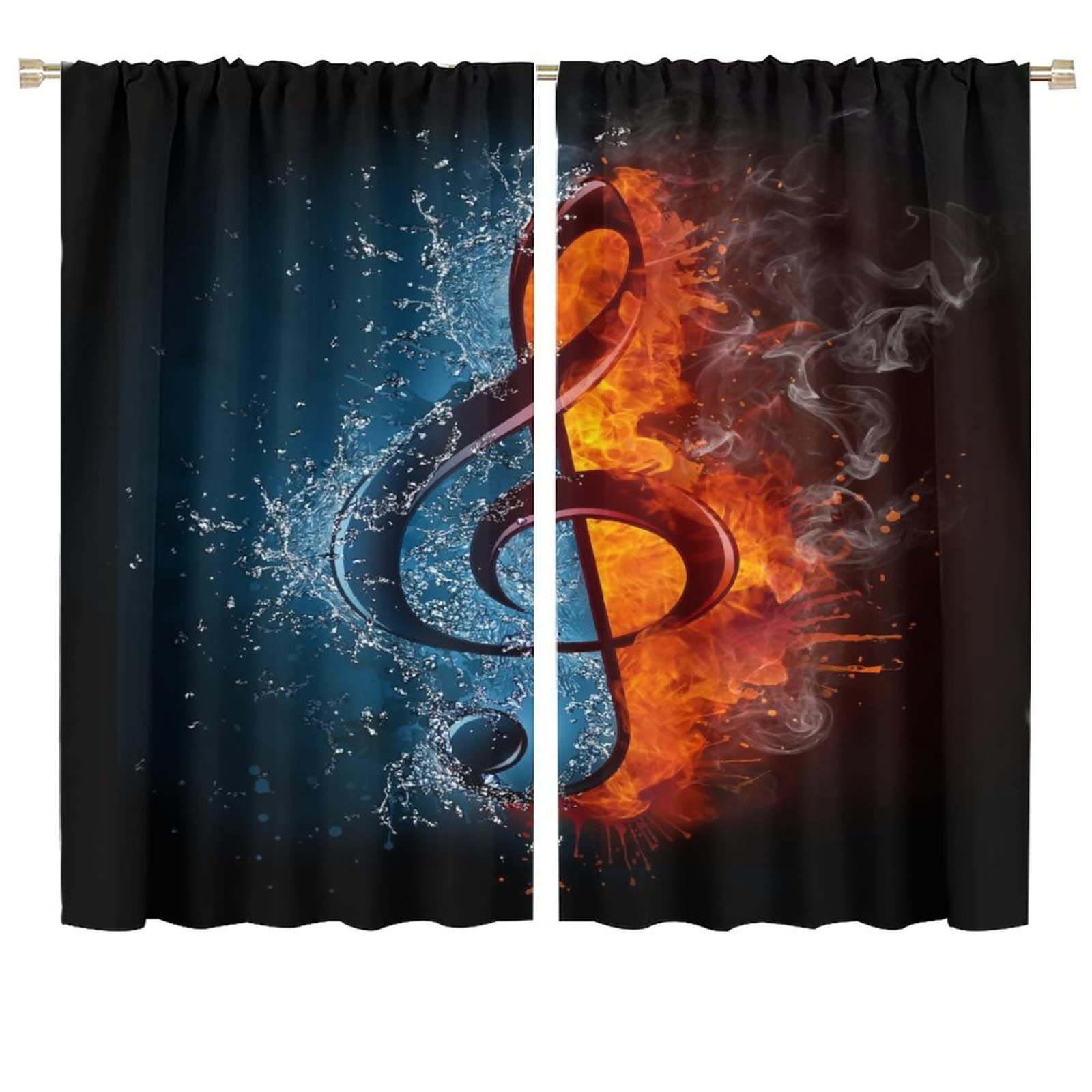Music Curtains,Musical Notes Water Fire Theme Room Darkening Thermal Insulated Rod Pocket Window Curtain 2 Panels for Living Room Bedroom Decor W72xL63in
