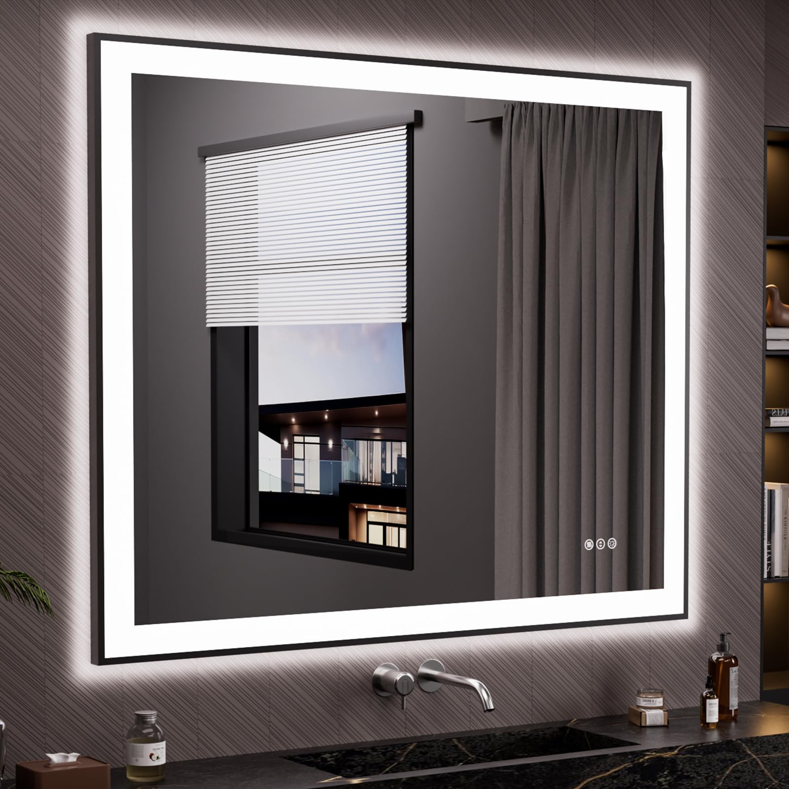 LOAAO 48"X40" LED Bathroom Mirror Black Framed