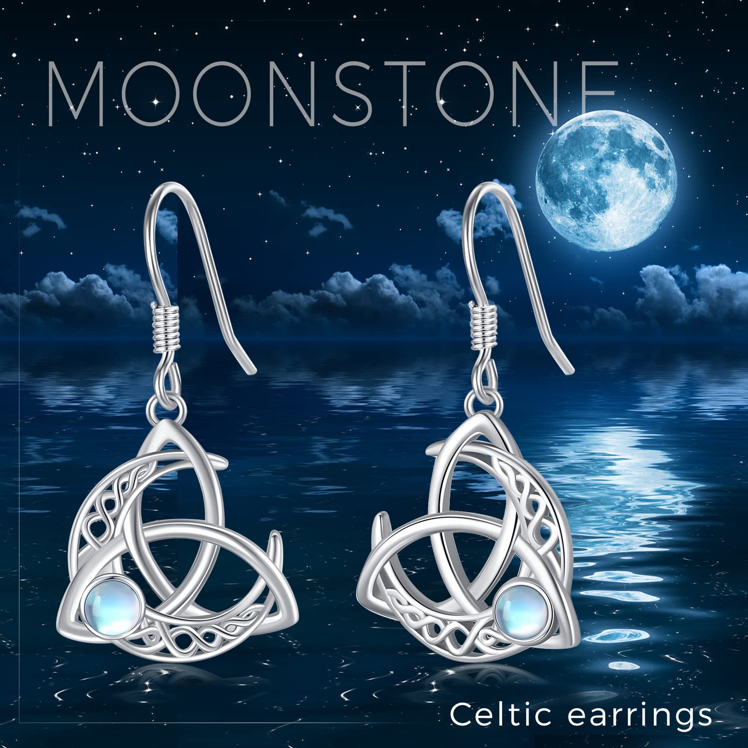 Boucles d'oreilles celtiques en argent sterling 925 - Pierre de lune - Nœud celtique - Cadeaux pour femmes, filles, petite amie
