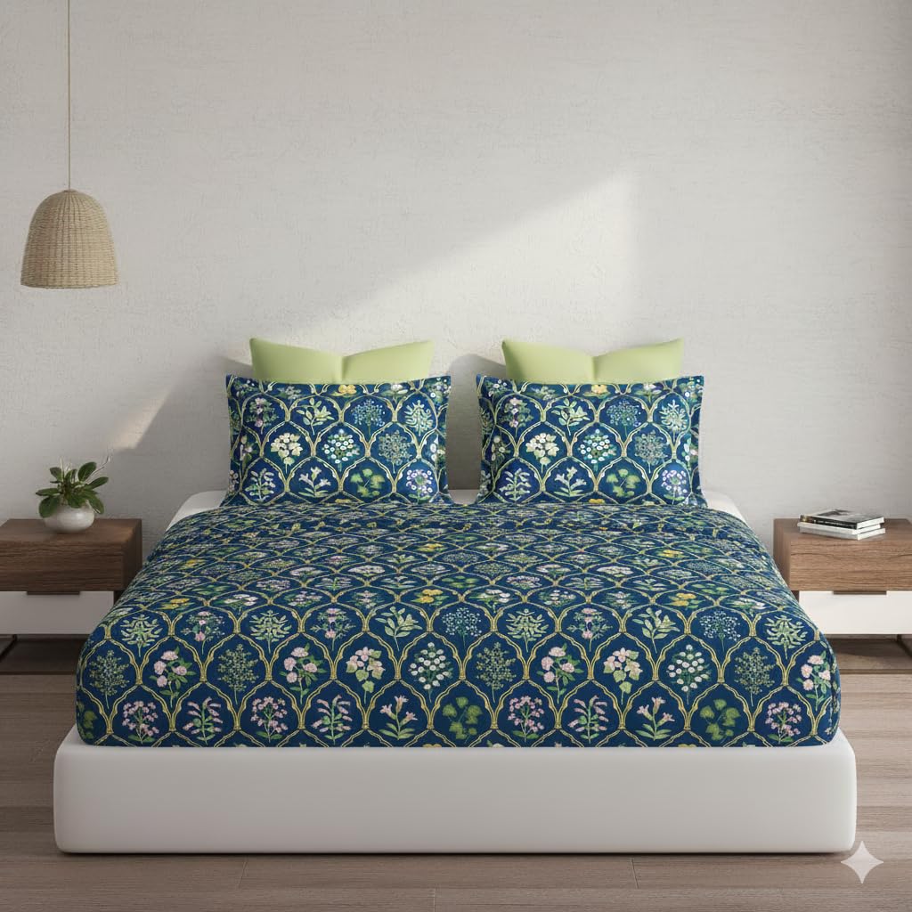 DECOMIZER Cotton Feel All Around Elastic Fitted Glace Printed Queen Size Double Bed Bedsheet with 2 Large Pillow Covers Fits Upto Mattress of 8 Inches,Size - 60 x 78 x 10 Inches, Navy Jaipuri