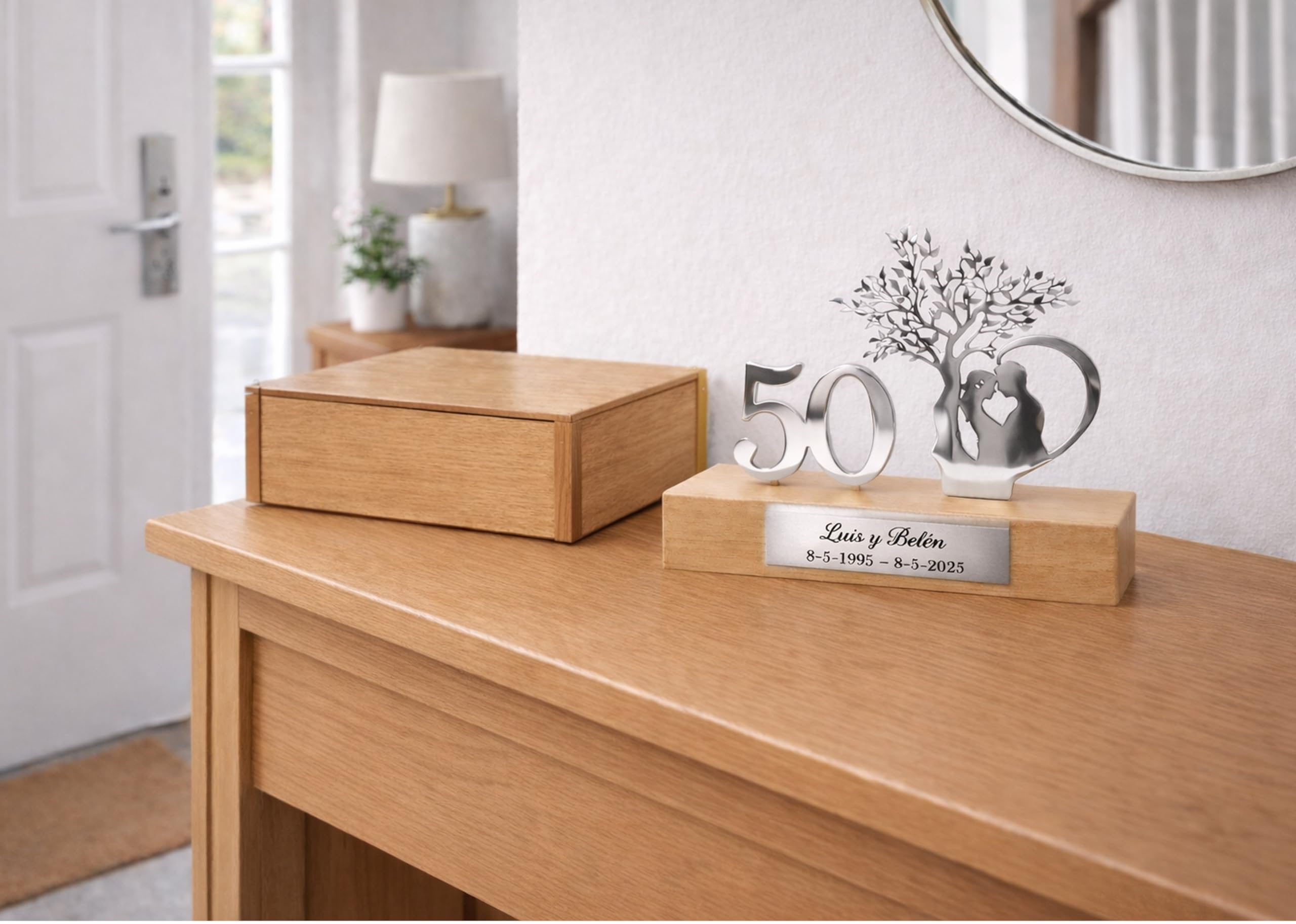 50 Aniversario Bodas Oro -Regalos 25, 50 Aniversario Boda- Figura Decorativa en Acero Inoxidable y Madera de Haya con Estuche de Madera de Lujo- Regalos para Bodas de Oro