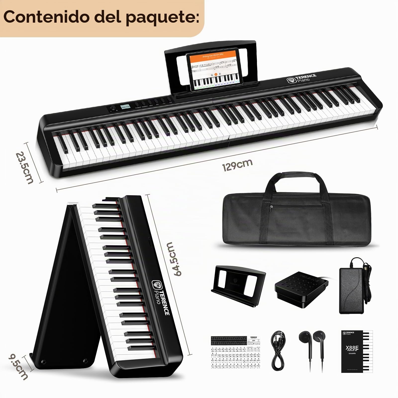 TERENCE Piano Plegable de 88 teclas con batería de 2000mAh 2x25W Altavoces Pedal Piano Bluetooth interfaz MIDI soporte para partituras bolsa adhesiva cable de audio pedal piano