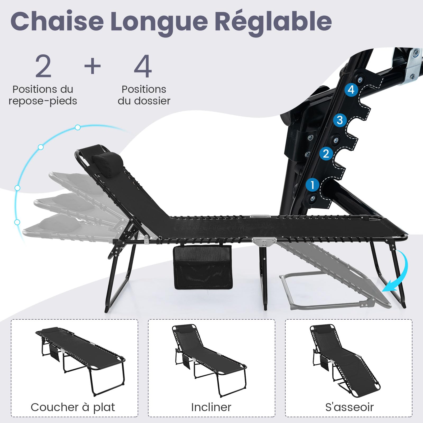 GYMAX Transat Extérieur pour Jardin, Chaise Longue Pliante avec Dossier et Repose-Pieds Réglables, Oreiller Amovible, Poche, pour Bain de Soleil, pour Piscine, Plage, Camping (Noir)