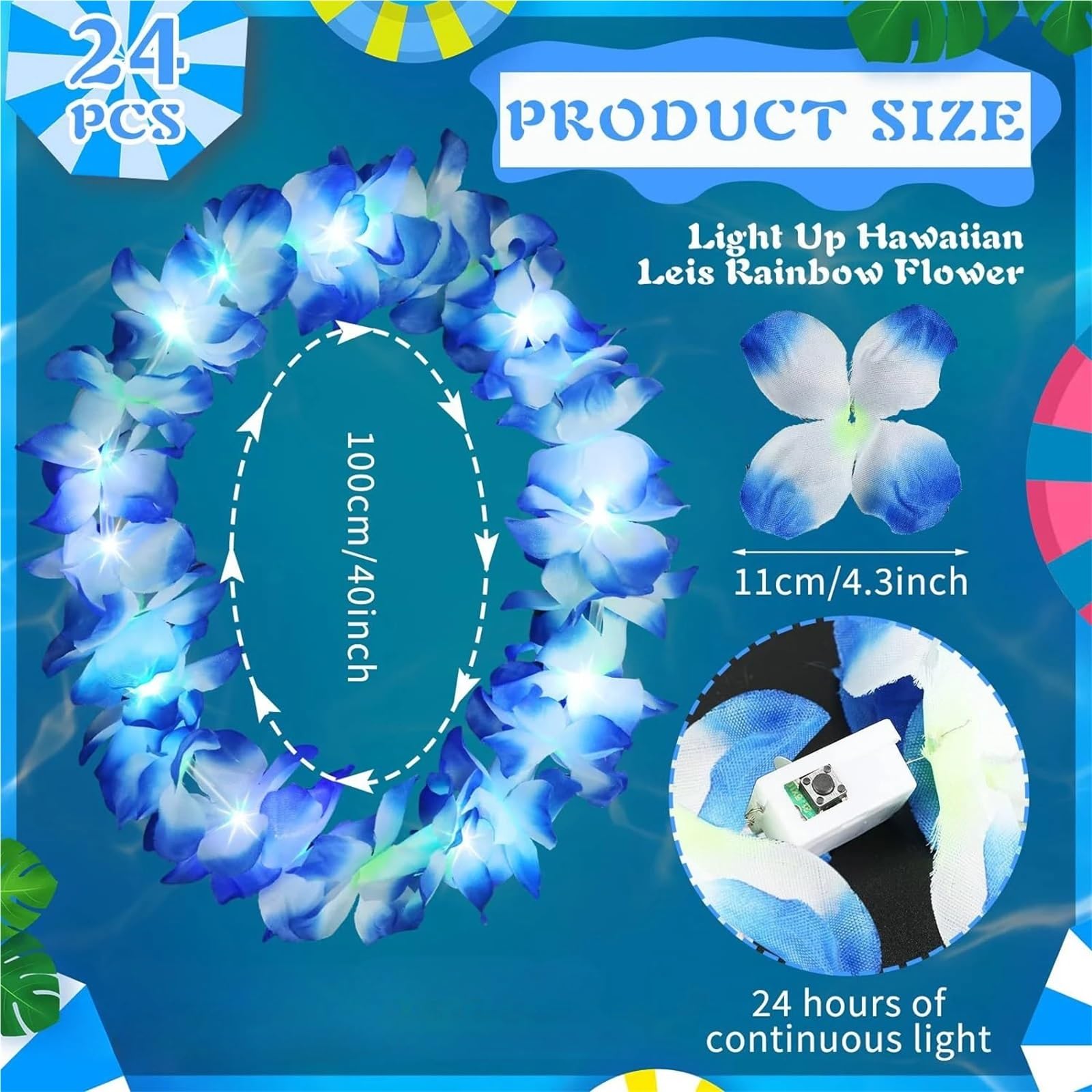 24 Stück Hawaiiketten for Frauen und Mädchen, blau, Leuchtend, leuchtende Blumenketten, Halskette, Kranz, Girlanden, Strand, Sommerparty Für Strandpartys,Zusammenkünfte