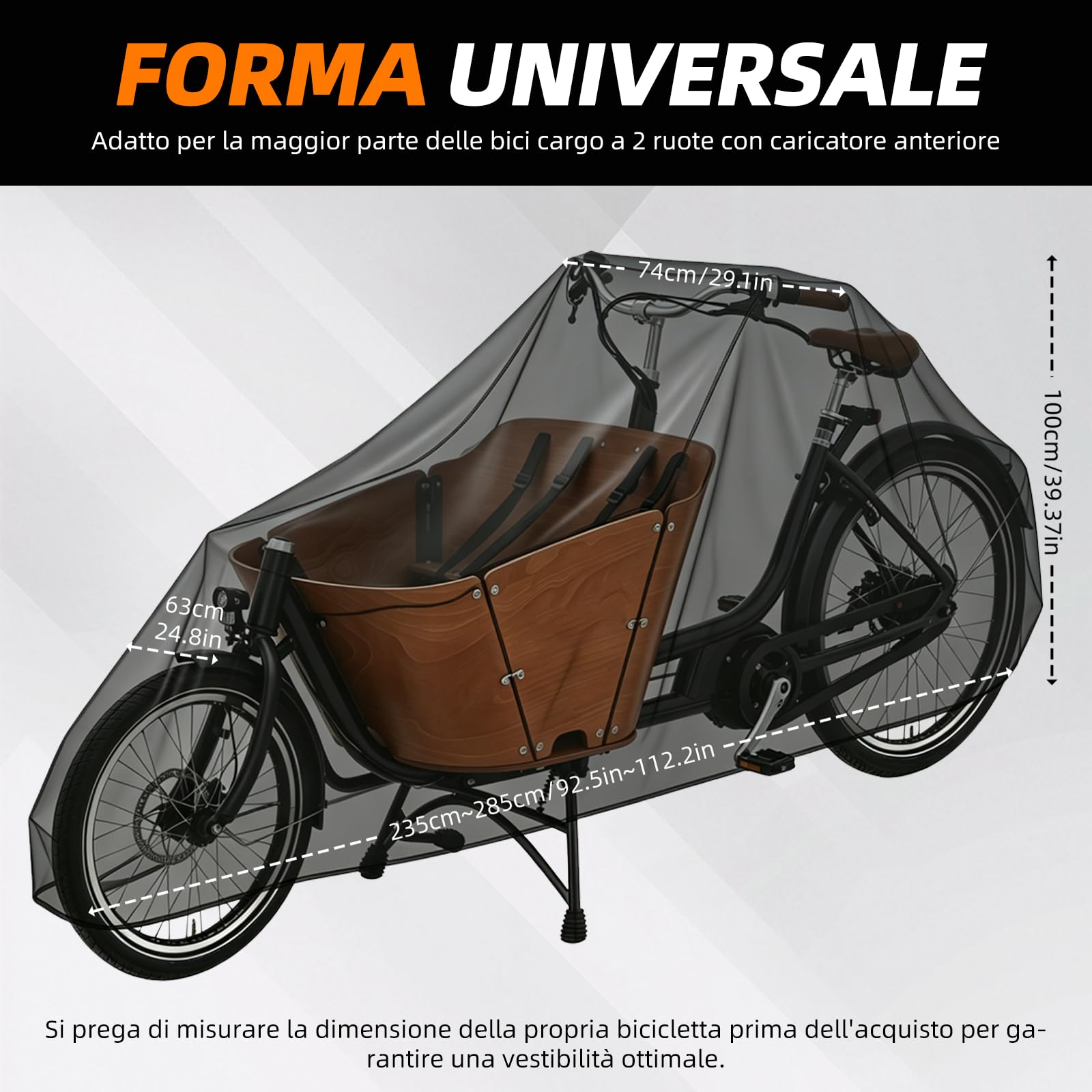Telo di copertura impermeabile per bicicletta di carico, robusto telo di copertura Oxford 300D con protezione UV, strisce riflettenti per e-bike, furgoni e bici cargo (270 x 75 x 100 cm) (per due