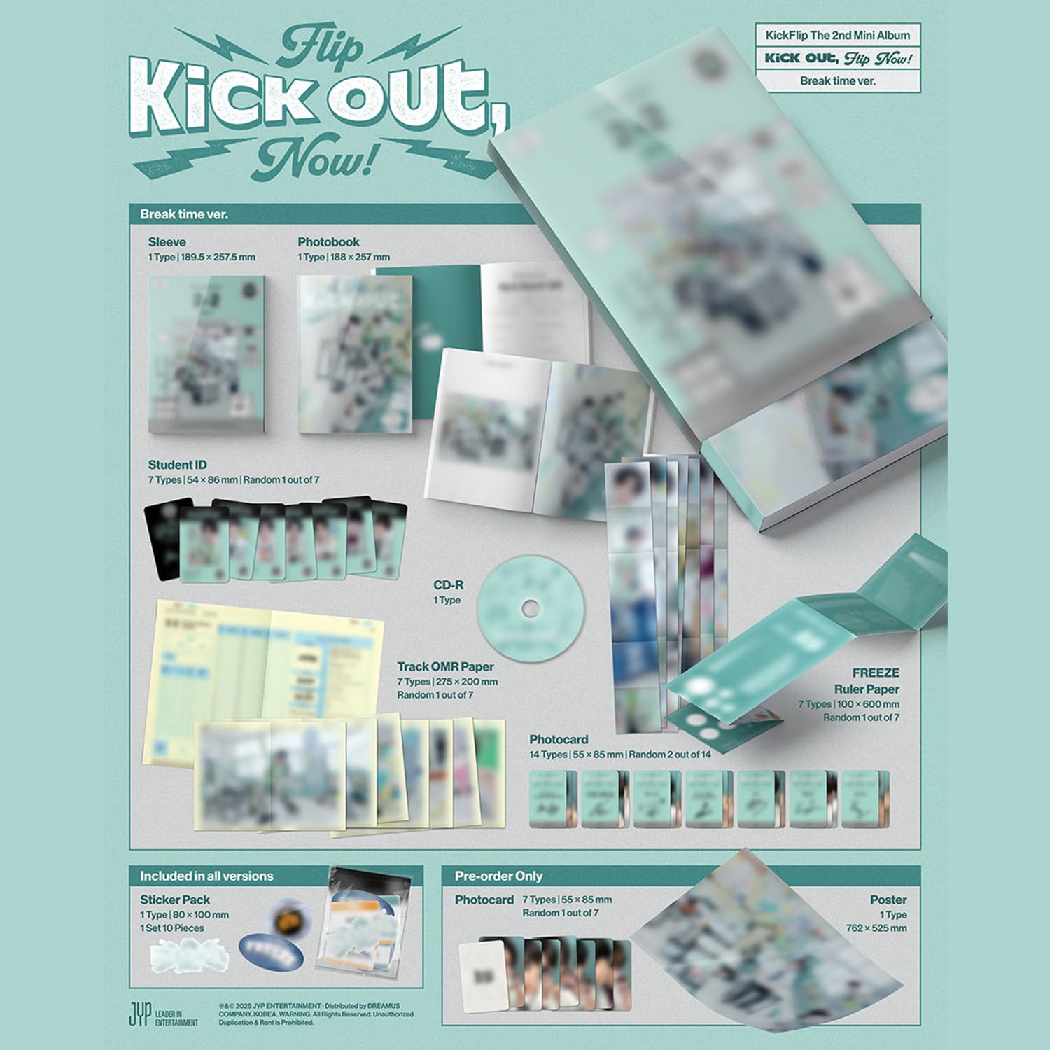 KickFlip - [Kick Out, Flip Now!] (Break time Ver.) Photobook + Student ID R + Track OMR Paper + Freeze Ruler Paper + Photocard + 4 Extra Photocards