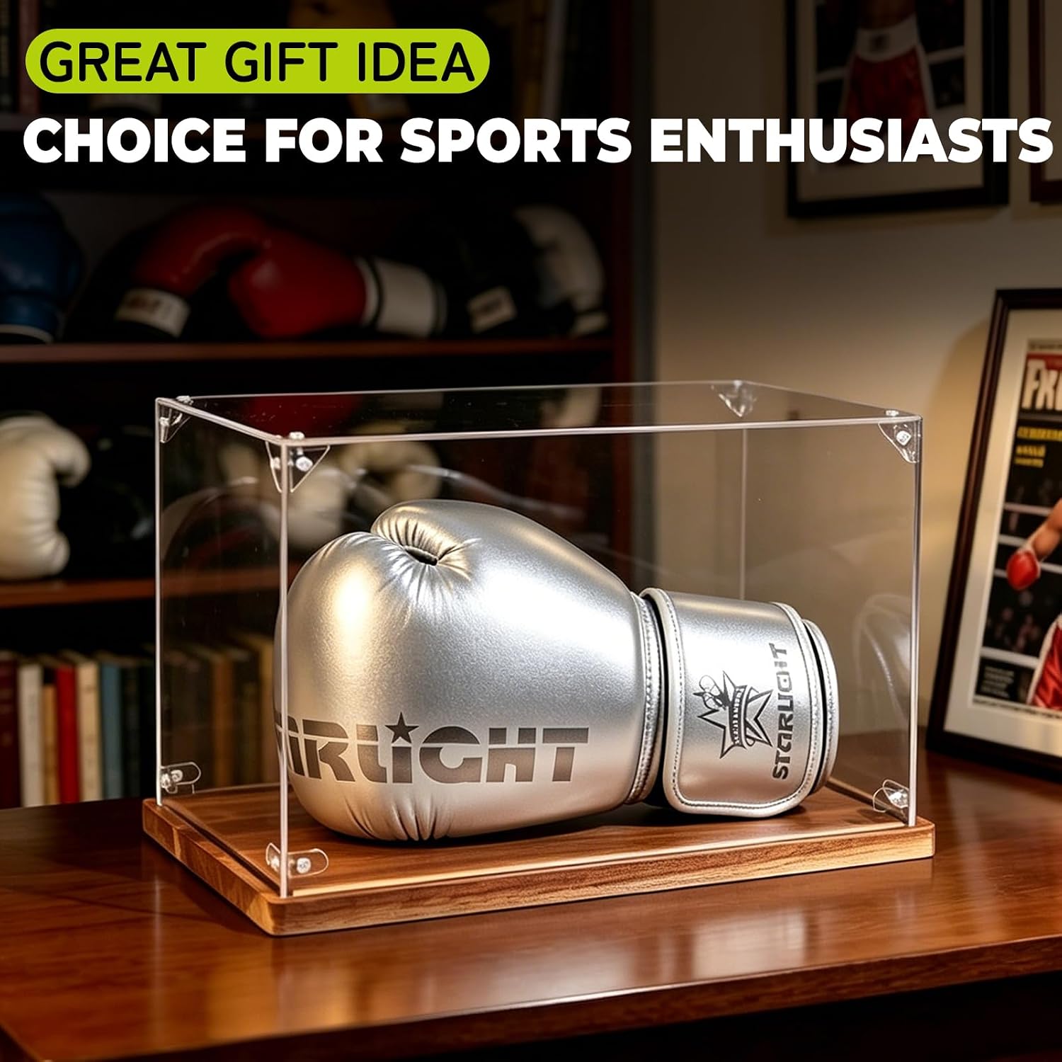 Boxing Glove Display Case, Clear Acrylic Showcase with Wood Base Plank for Single Glove, Full Size UV Protection Souvenirs and Collectibles Box,Ideal Gift for Boxing Fans, Athlete