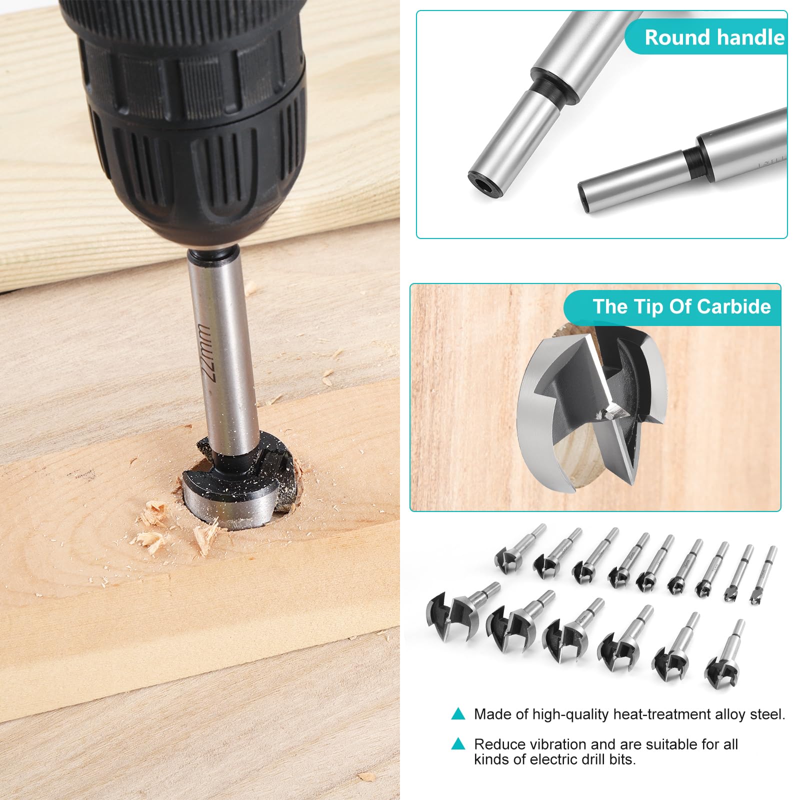 Forstner - Set di 15 punte per trapano da 10-50 mm, per legno duro, legno tenero, plastica, compensato