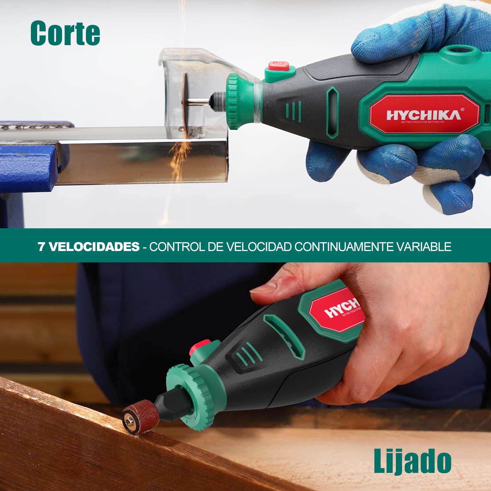 HYCHIKA Herramienta Rotativa 150W con afilador de motosierra. 7 velocidades 10 000-33 000 RPM.167 accesorios para lijar, pulir, cortar, taladrar y grabar