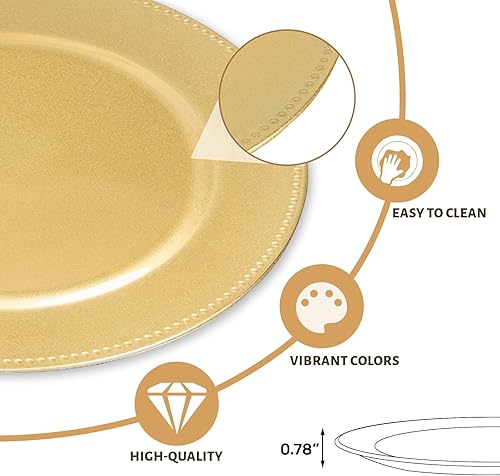 Miniatura 11 de MAONAME Juego de 6 platos de carga dorados de 13 pulgadas, cargador redondo para platos llanos, cargadores de platos con borde de cuentas