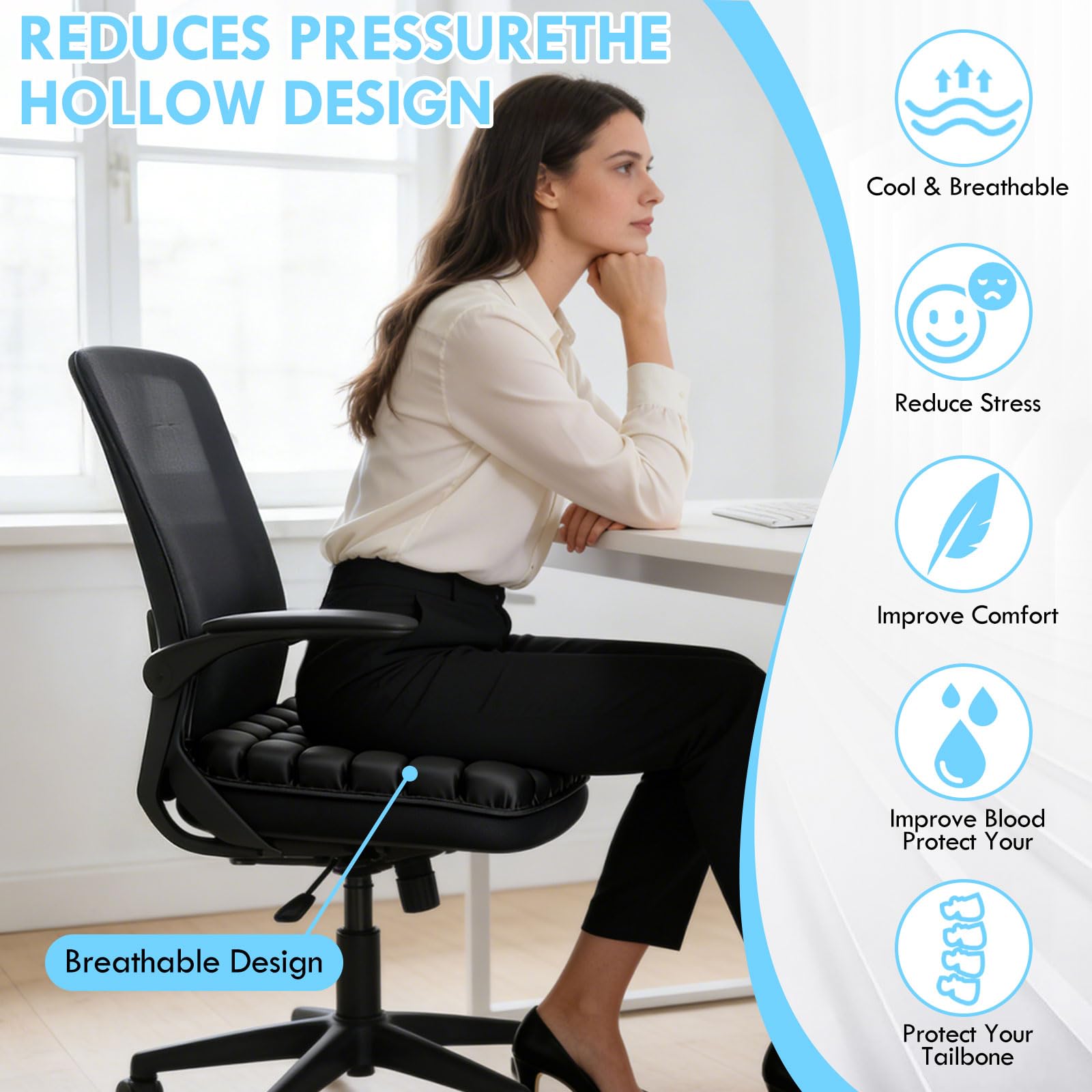 45 x 40 cm Cojín de asiento antidecúbito, ortopédico, ergonómico, inflable, para alivio del coxis durante mucho tiempo, para coche, oficina, hogar, silla de ruedas y silla