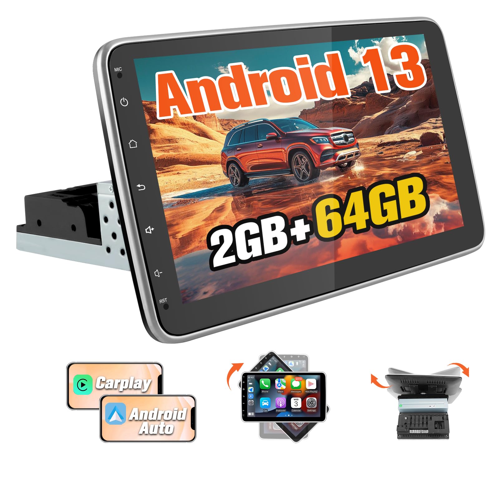 Android 13.0 [2GB+64GB] Radio Coche 1 DIN Universal con Pantalla Táctil Inclinable y Giratoria de 10.1 Pulgadas, Autoradio Admite CarPlay/Android Auto Inalámbrico/MirrorLink/WiFi/Bluetooth/FM