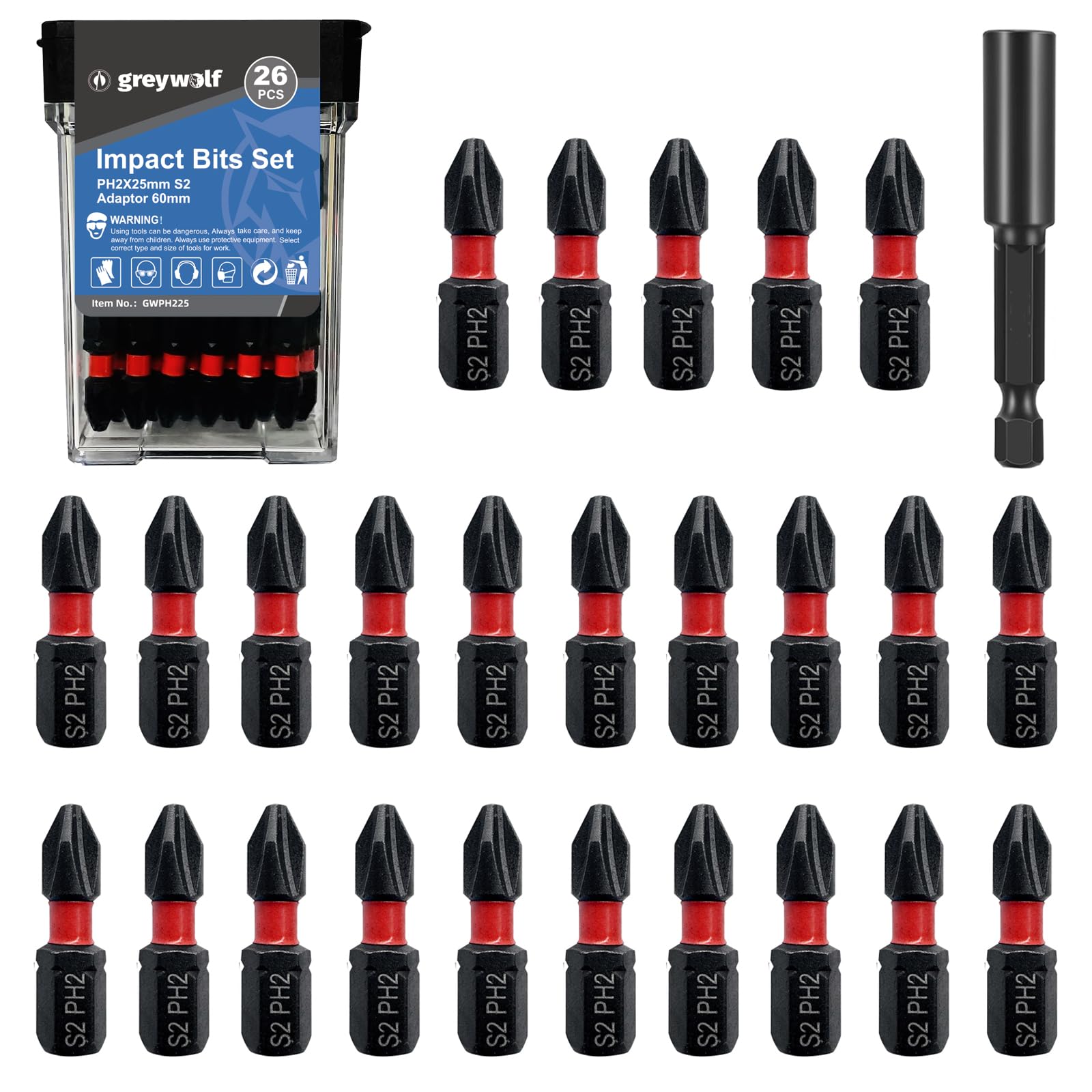 Greywolf 26 pcs Impact Bits, S2 Steel PH2 Non-Slip Phillips Screwdriver Bits, 1"/25mm Magnetic Screwdriver Bit Set, 1/4" Hex Shank, Suitable for Electric Drills, Impact Drills