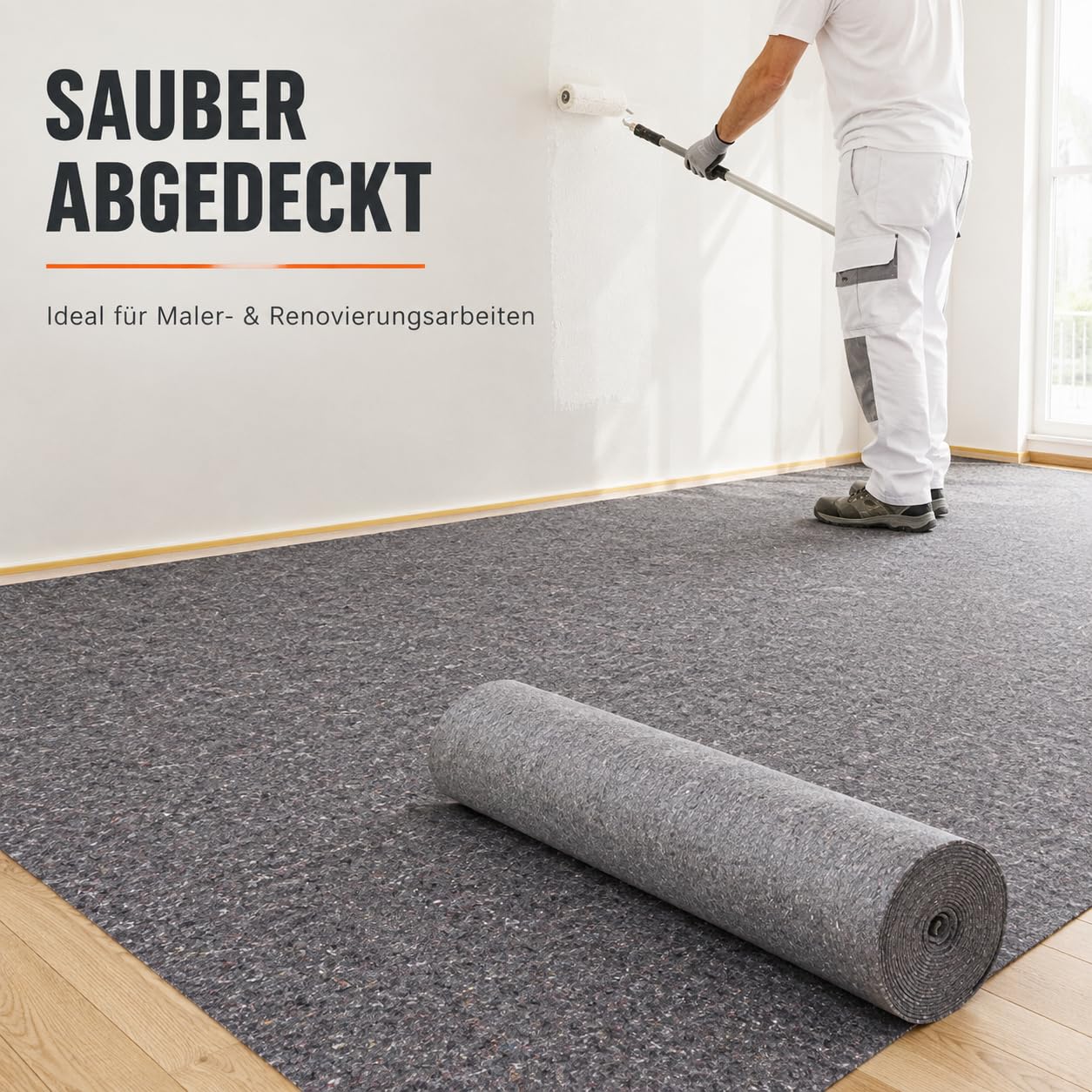 Maler-Abdeckvlies 50 m x 1 m, 270 g/m² – Malervlies, Renovierungsvlies, Schutzvlies und Bodenschutzvlies auf Rolle – mehrfach verwendbarer Abdeckfilz mit rutschfester Folie