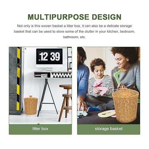 Miniatura 5 de Milisten Cubo de basura de mimbre con tapa, cesta de almacenamiento tejida redonda de ratán para baño, cocina, oficina, sala de estar, lavandería,